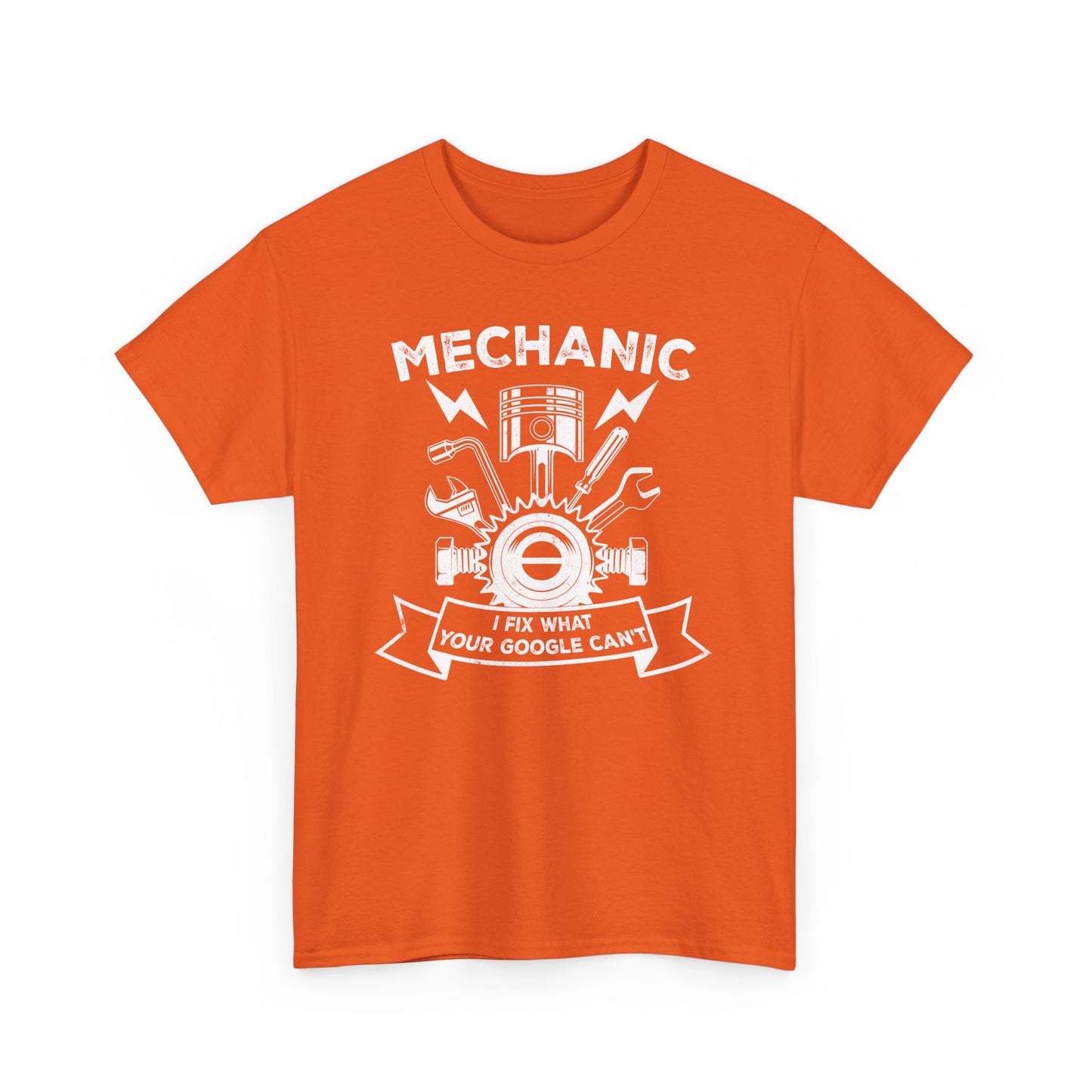 Orange Funny mechanic t-shirt with slogan I Fix What your Google Can't BimBangDesign