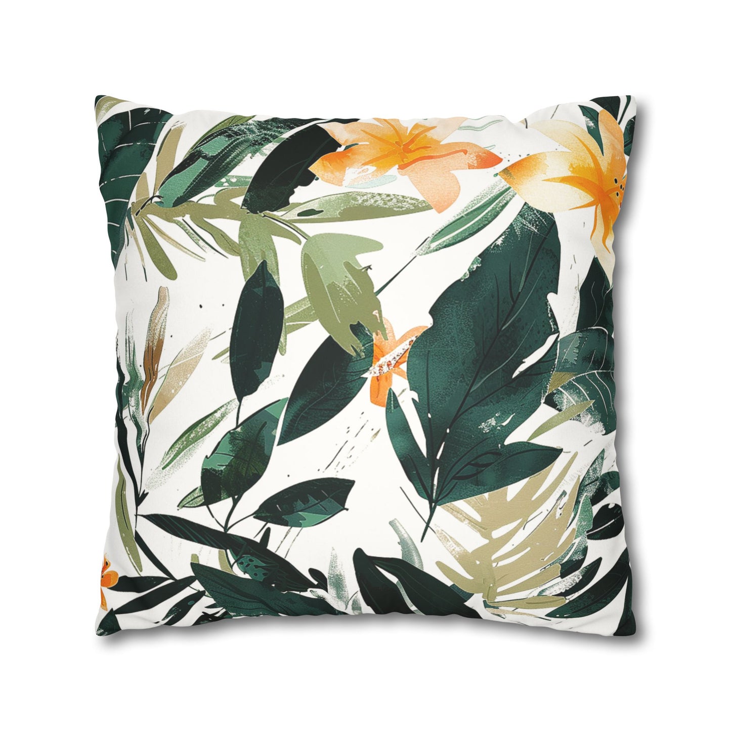 Back View of a Fresh and soft watercolor artistic design Decorative Pillowcase featuring hand-painted foliage and flowers used as home decor accessories BimBangDesign