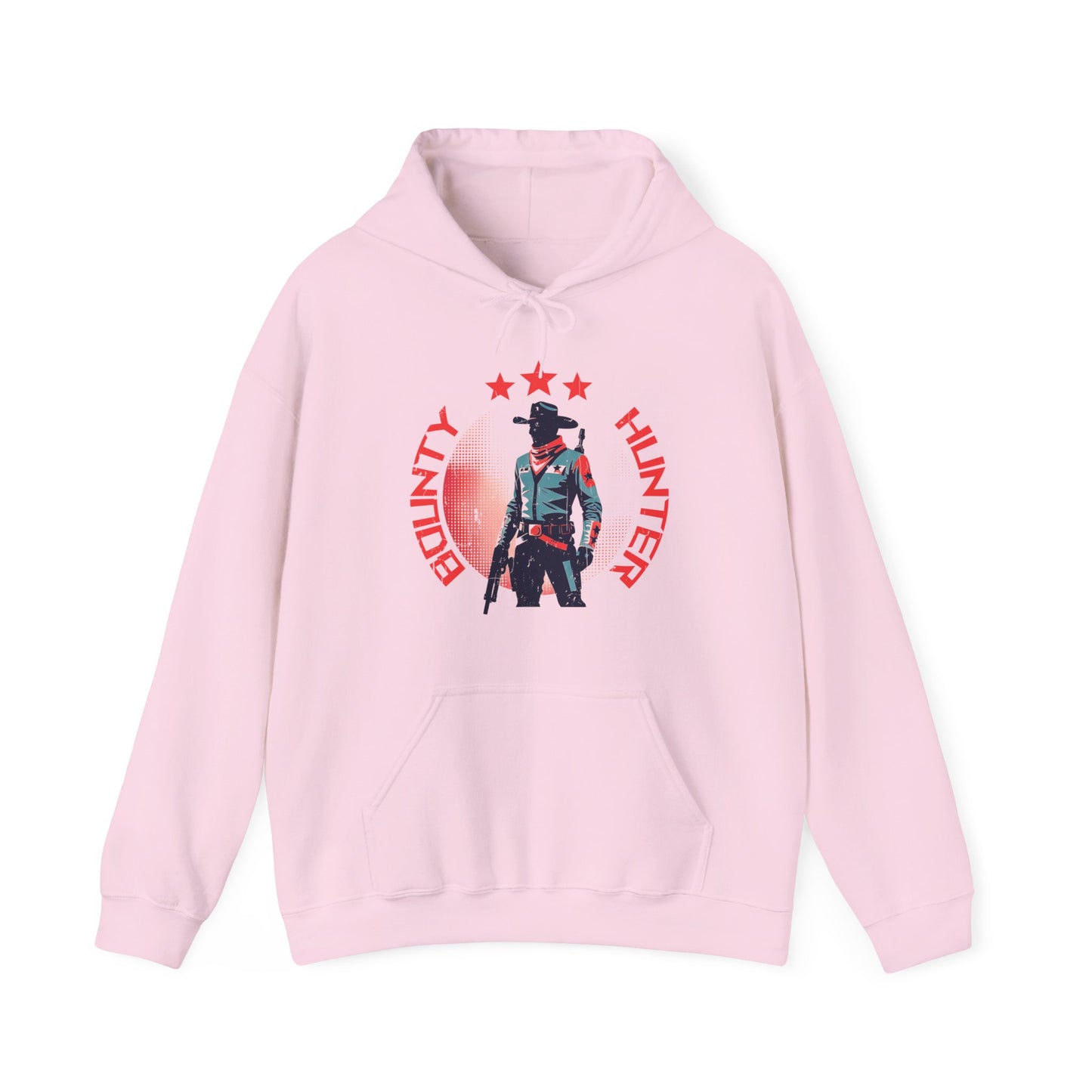 Bounty Hunter Pink Hoodie with minimalist retro space cowboy and stars design BimBangDesign
