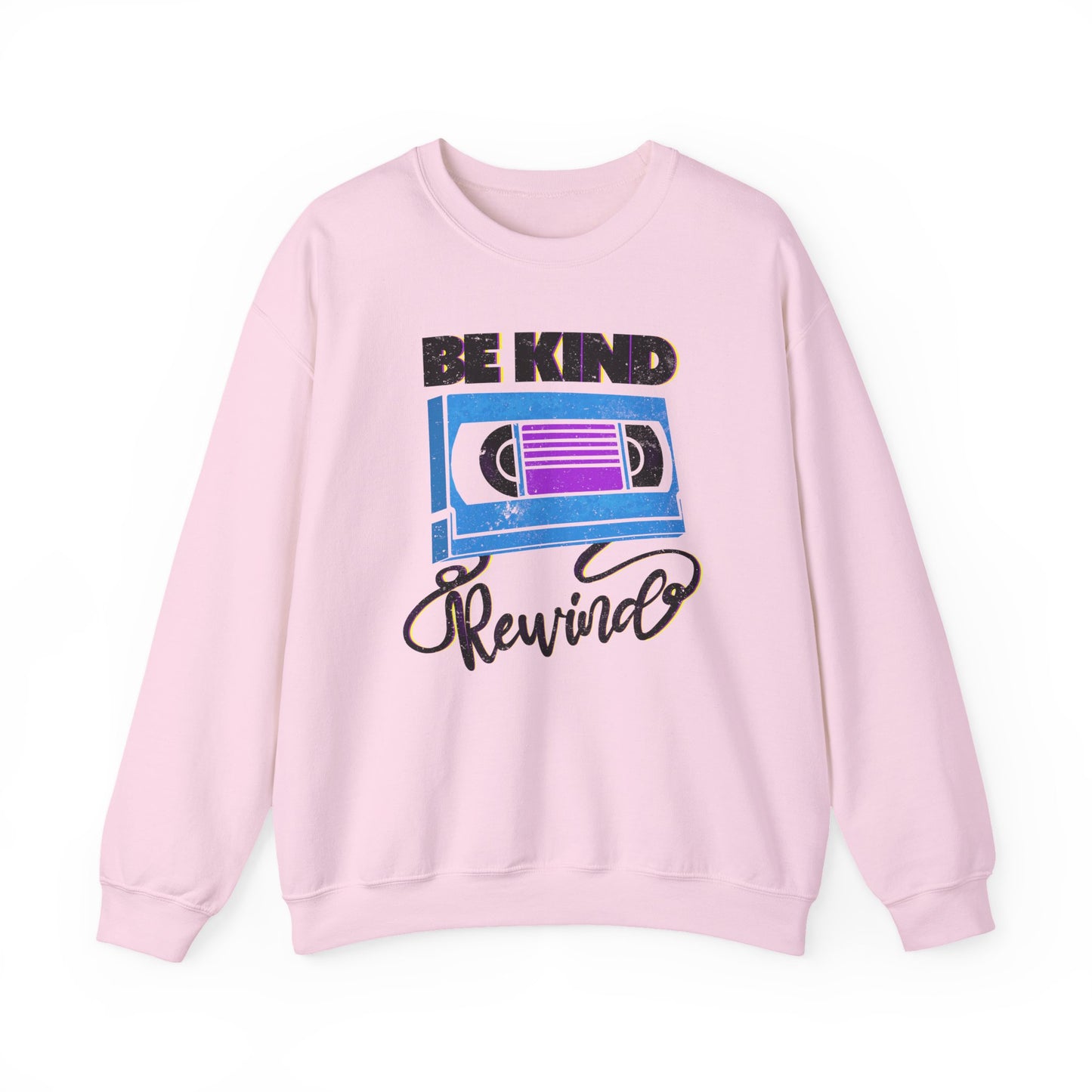 Be Kind Rewind Pink Sweatshirt, retro typographic style, VHS inspiration for vintage lovers BimBangDesign