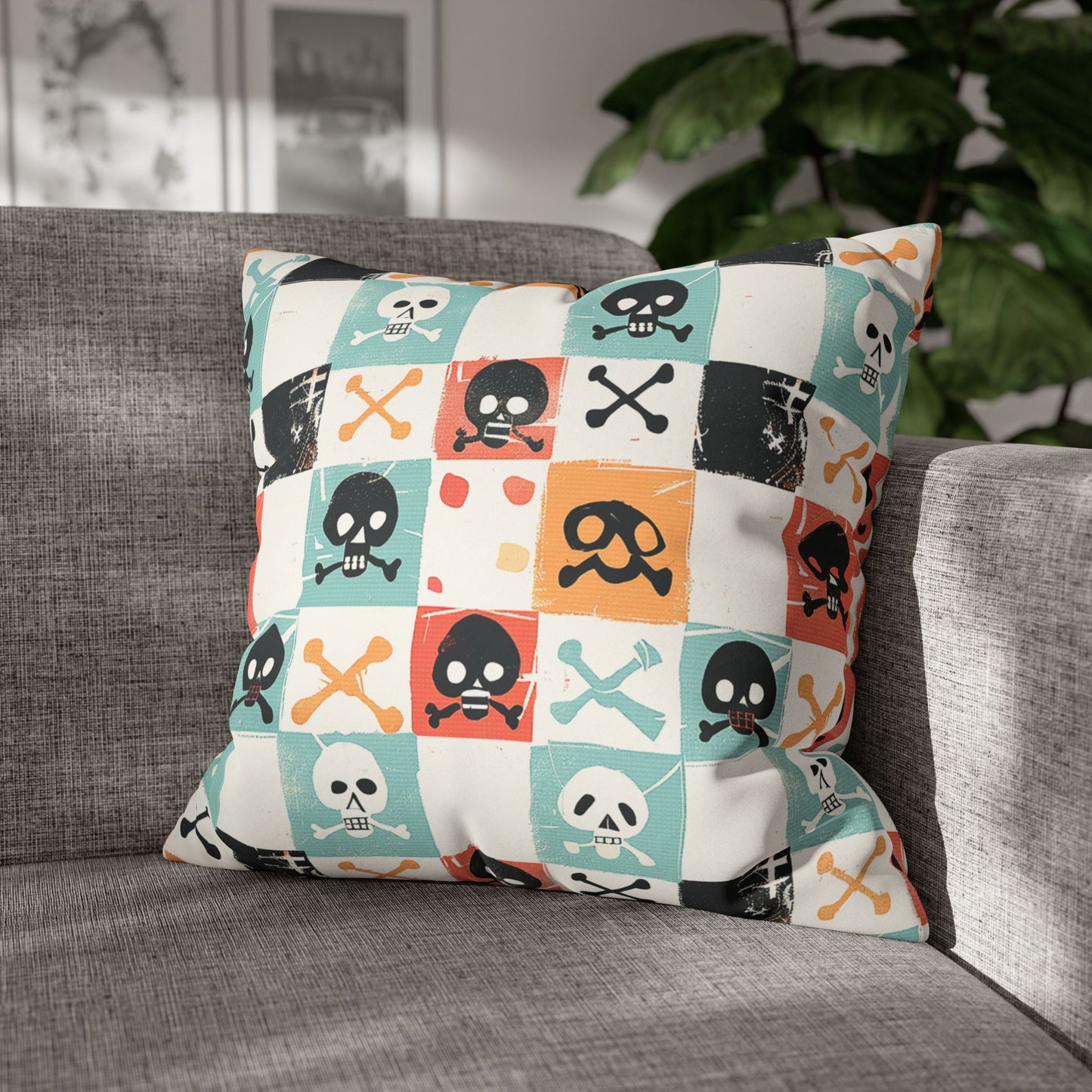 Decorative Pillowcase on a sofa, showcasing cute, pirate-style skulls and crossbones pattern for home decor accessories BimBangDesign