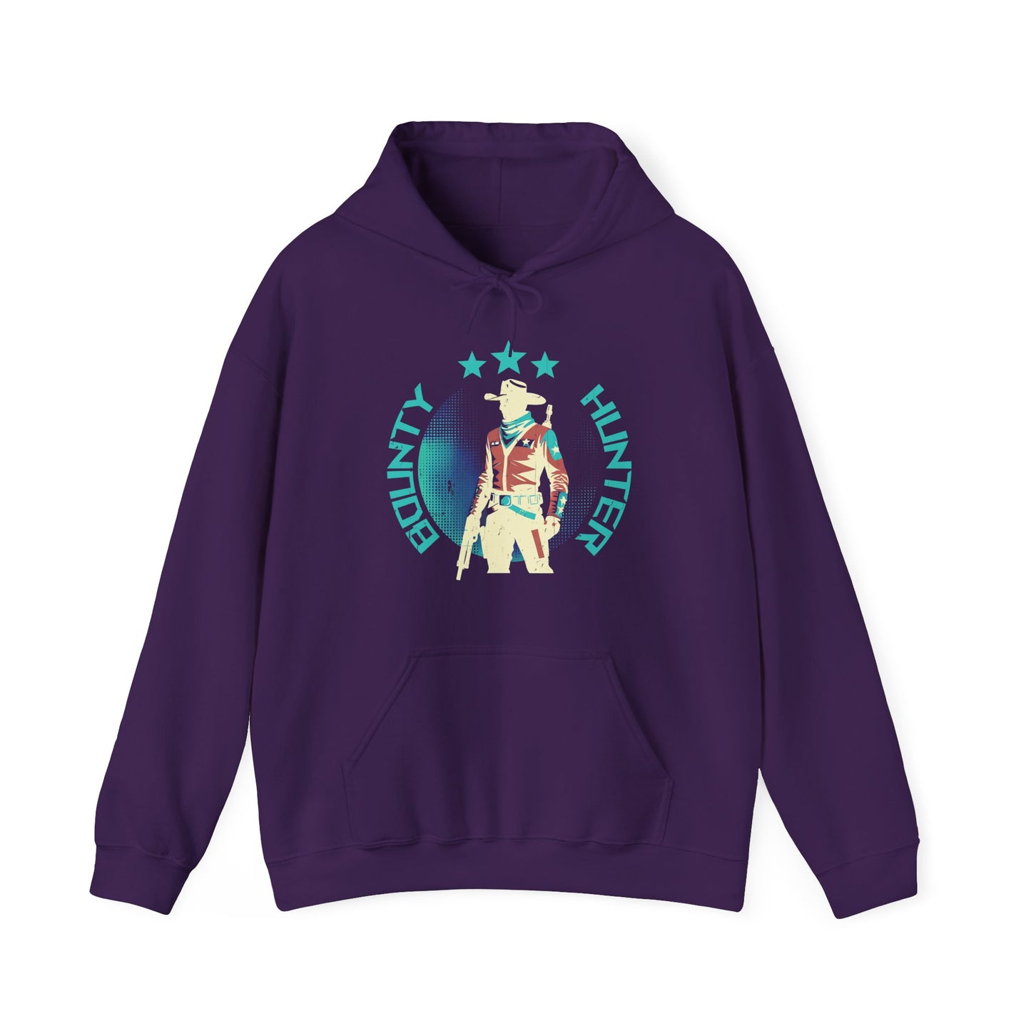 Bounty Hunter Purple Hoodie with minimalist retro space cowboy and stars design BimBangDesign