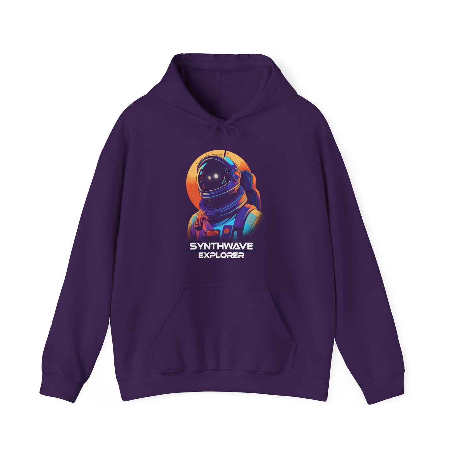 Purple Synthwave Explorer Hoodie with stars, neon sun and retro sci-fi look spaceman BimBangDesign