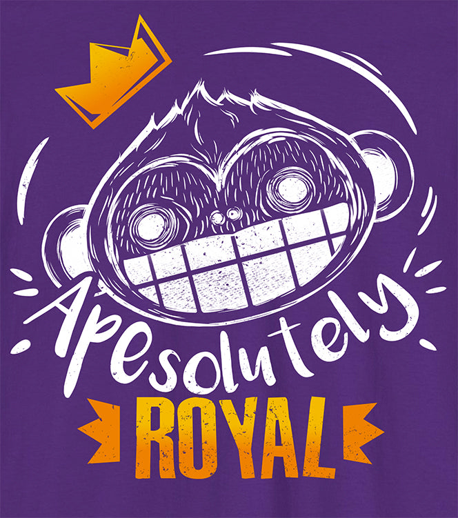 ApeSolutely Royal Purple T-shirt Details with crowned monkey head, cartoon style