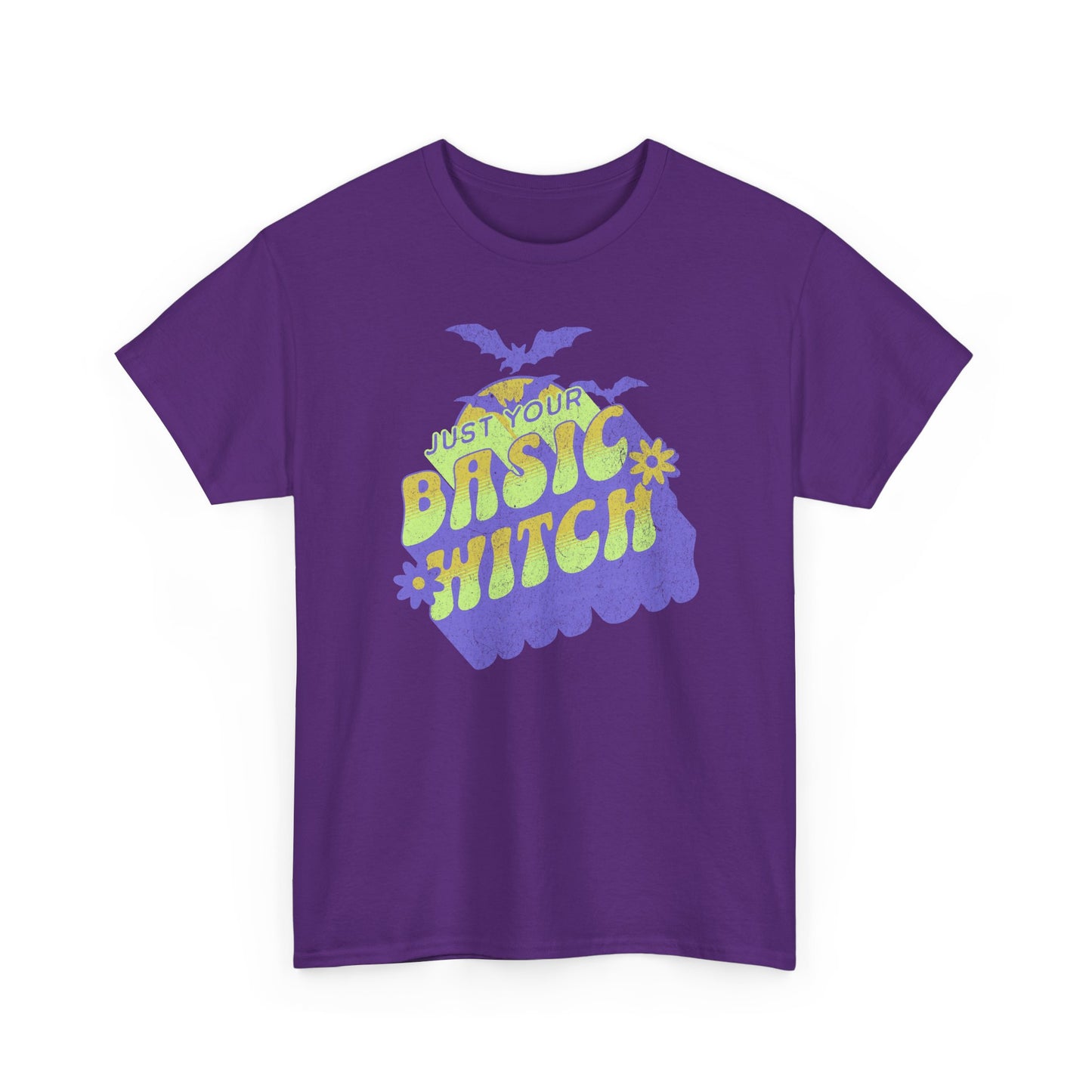 Purple Unisex t-shirt with “Just Your Basic Witch” print – fun Halloween tee featuring retro witchy vibes, perfect for casual spooky style. BimBangDesign