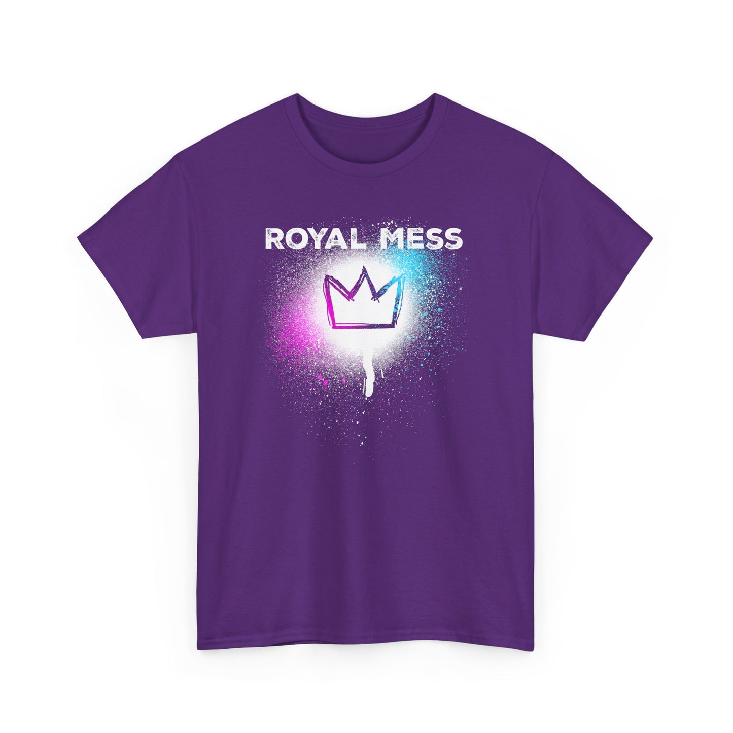 Purple Royal Mess t-shirt  with bold text and crown on a paint spray spatter BimBangDesign