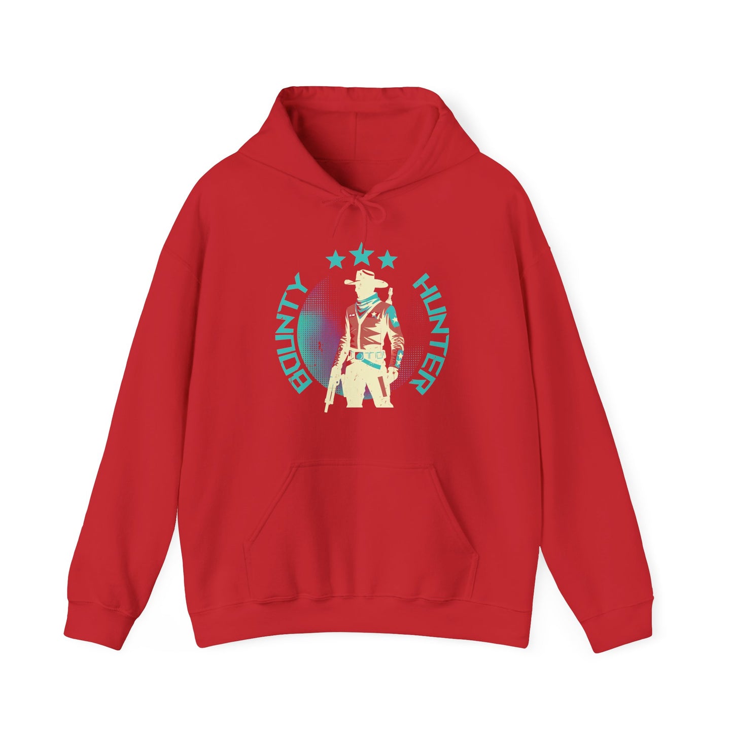 Bounty Hunter Red Hoodie with minimalist retro space cowboy and stars design BimBangDesign
