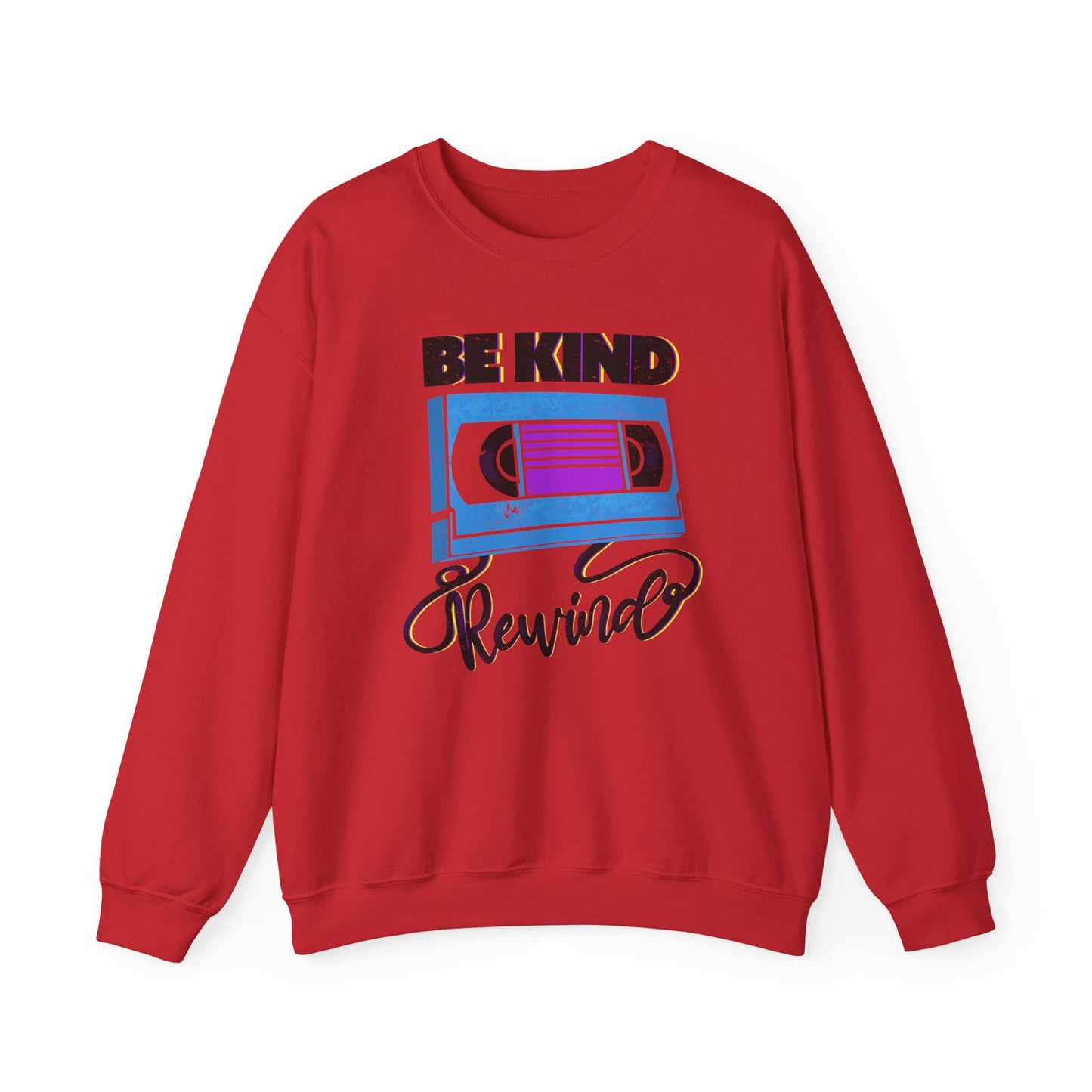 Be Kind Rewind Red Sweatshirt, retro typographic style, VHS inspiration for vintage lovers BimBangDesign