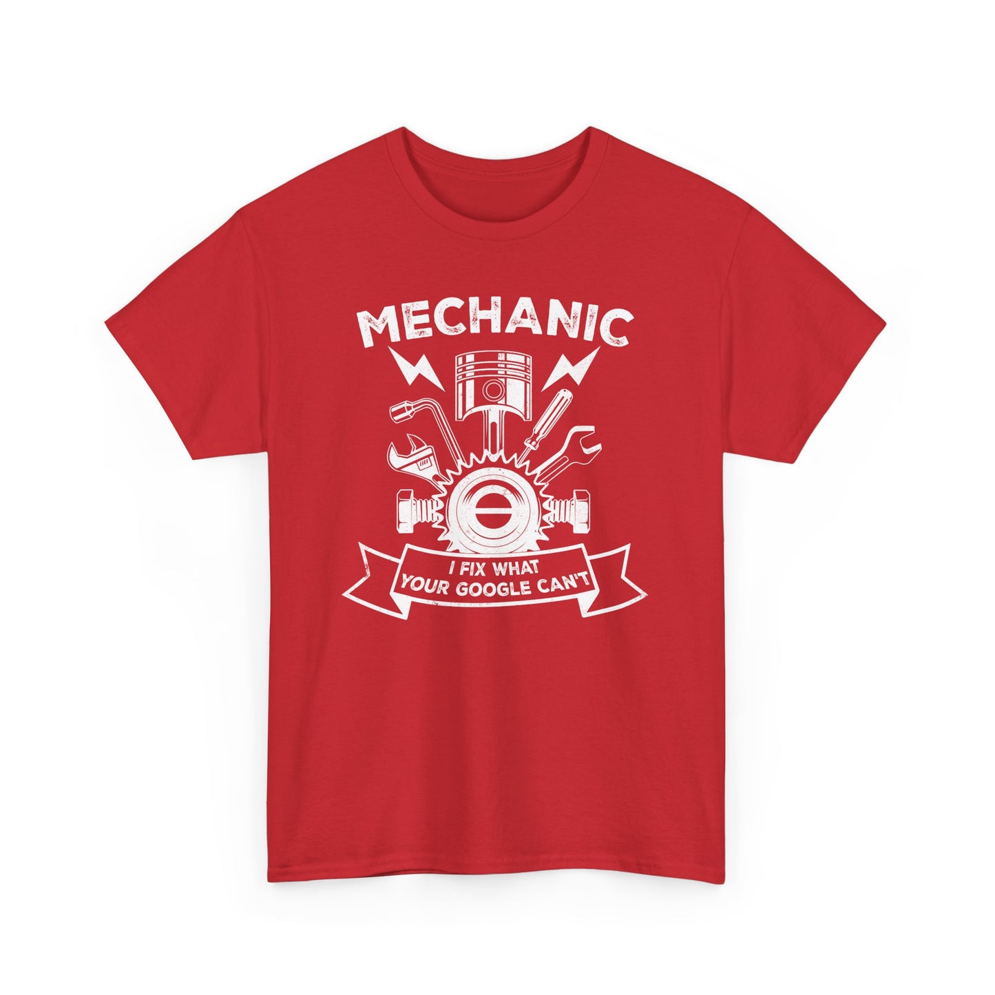 Red Funny mechanic t-shirt with slogan I Fix What your Google Can't BimBangDesign