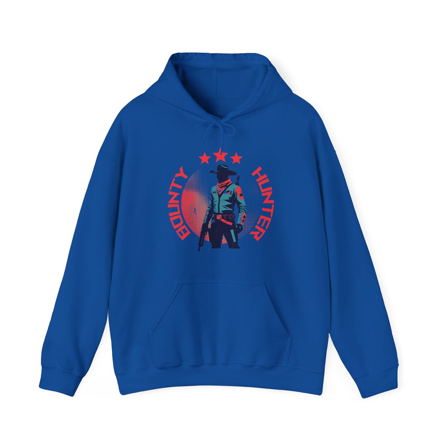 Bounty Hunter Royal Blue Hoodie with minimalist retro space cowboy and stars design BimBangDesign