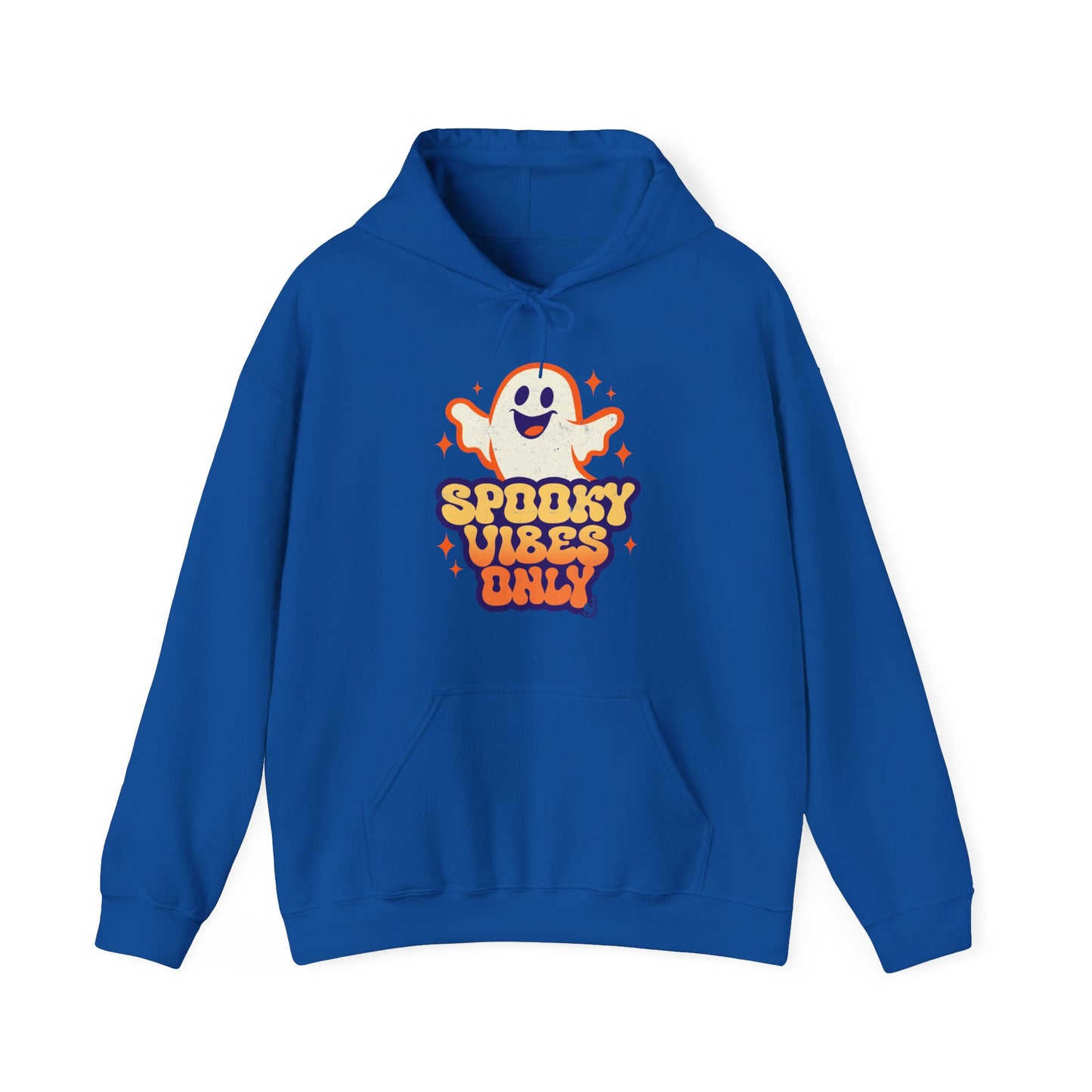 Royal Blue Spooky Vibes Only Hoodie with funny ghost art for adults that love vintage halloween cartoon BimBangDesign
