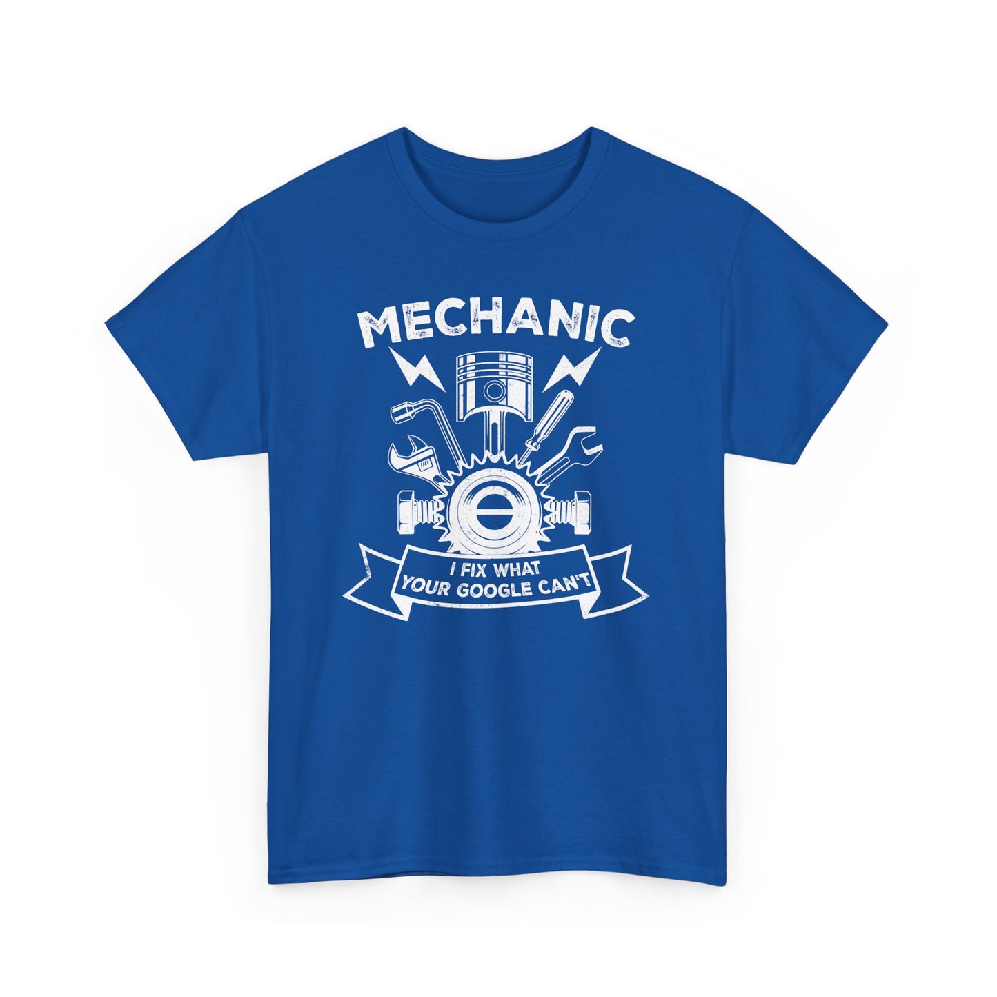 Royal Blue Funny mechanic t-shirt with slogan I Fix What your Google Can't BimBangDesign