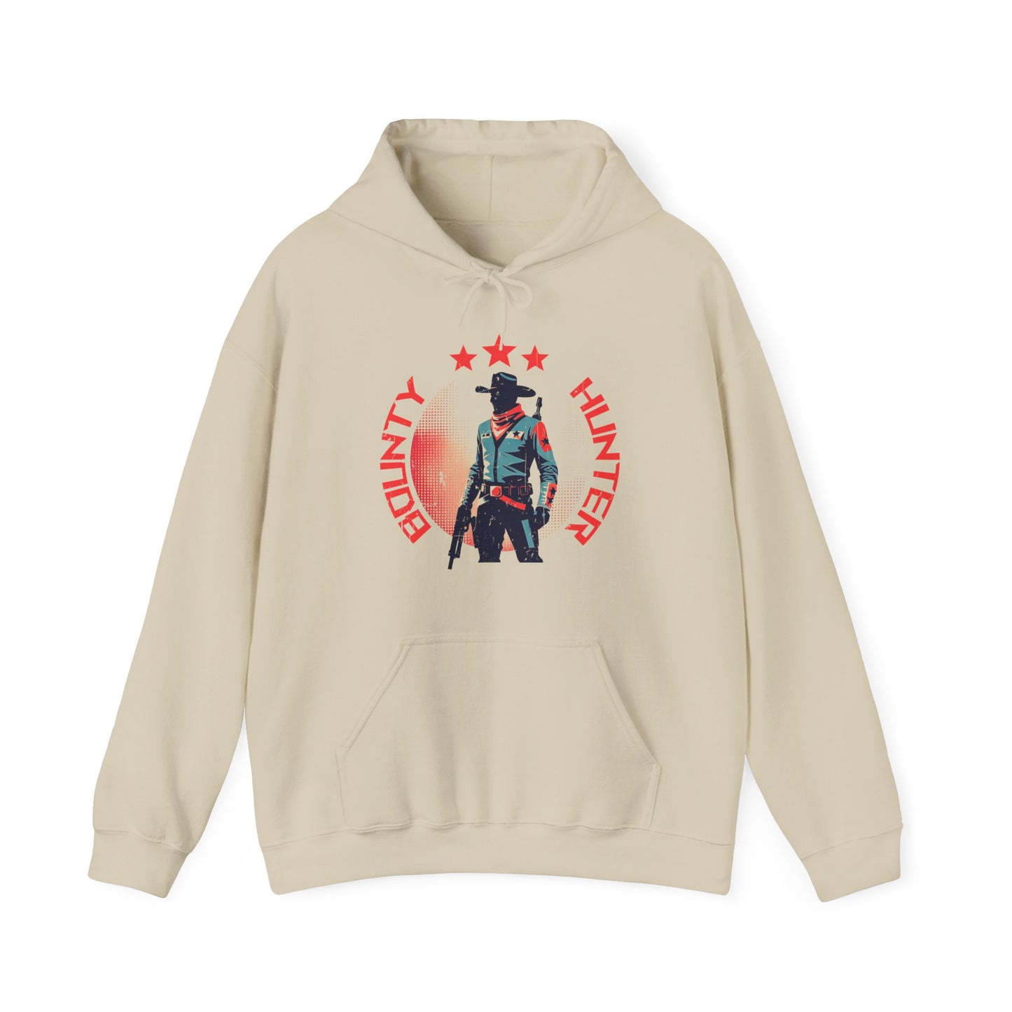 Bounty Hunter Sand Hoodie with minimalist retro space cowboy and stars design BimBangDesign