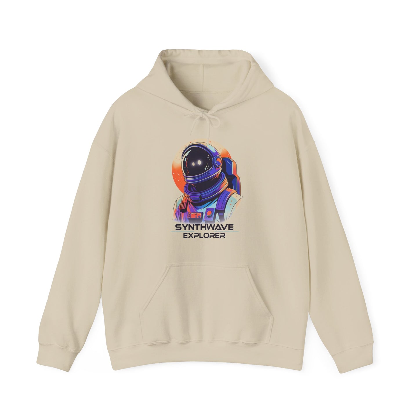 Sand Synthwave Explorer Hoodie with stars, neon sun and retro sci-fi look spaceman BimBangDesign