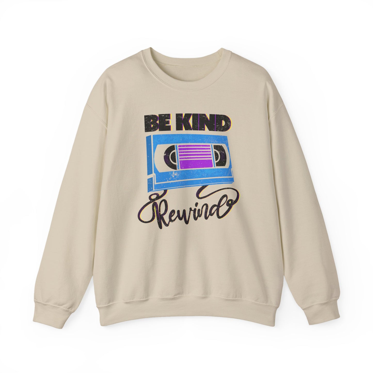 Be Kind Rewind Sand Sweatshirt, retro typographic style, VHS inspiration for vintage lovers BimBangDesign