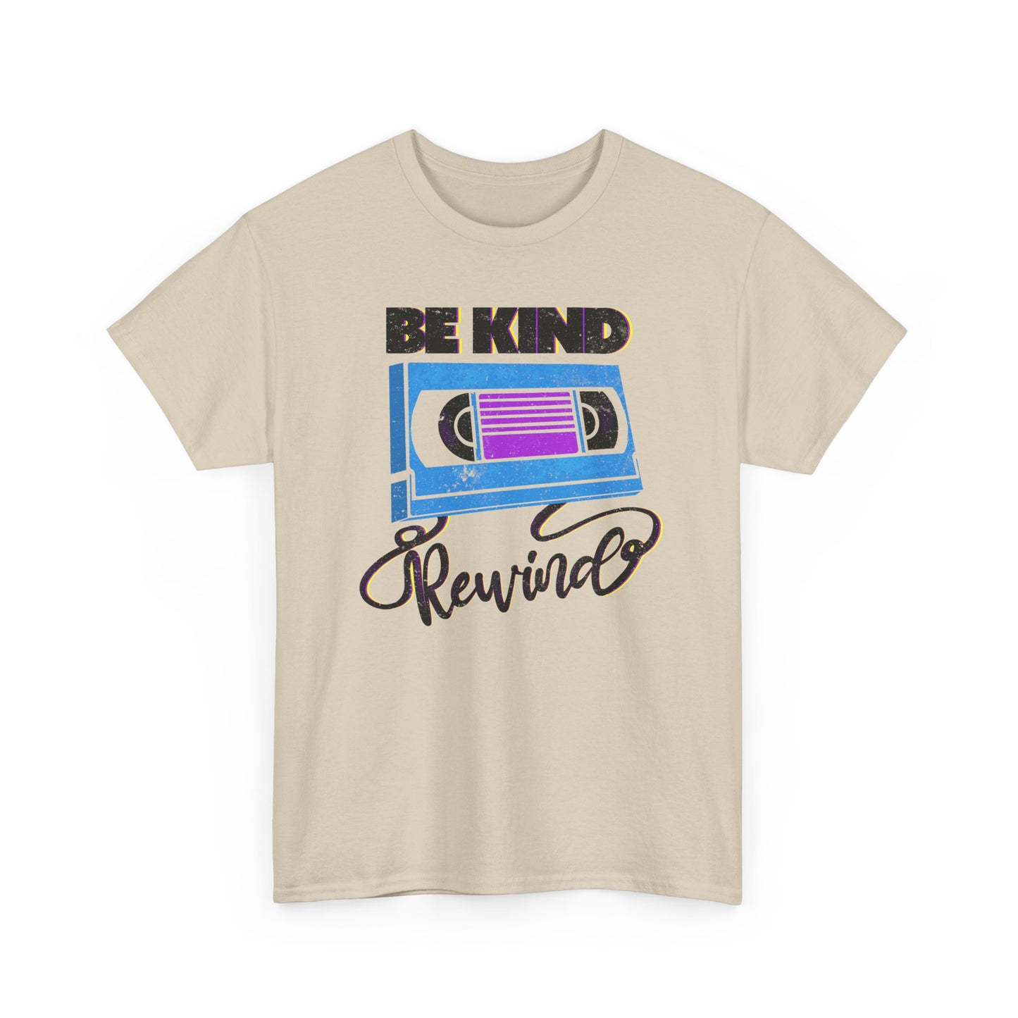 Be Kind Rewind Sand T-shirt, retro typographic style, VHS inspiration