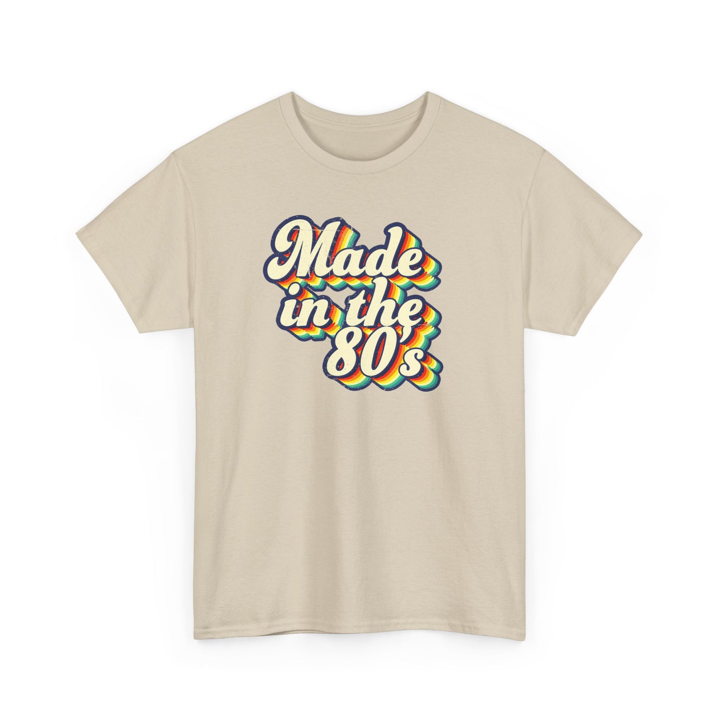 Made in the 80s vintage style T-shirt worn by an adult born in the 80's Sand