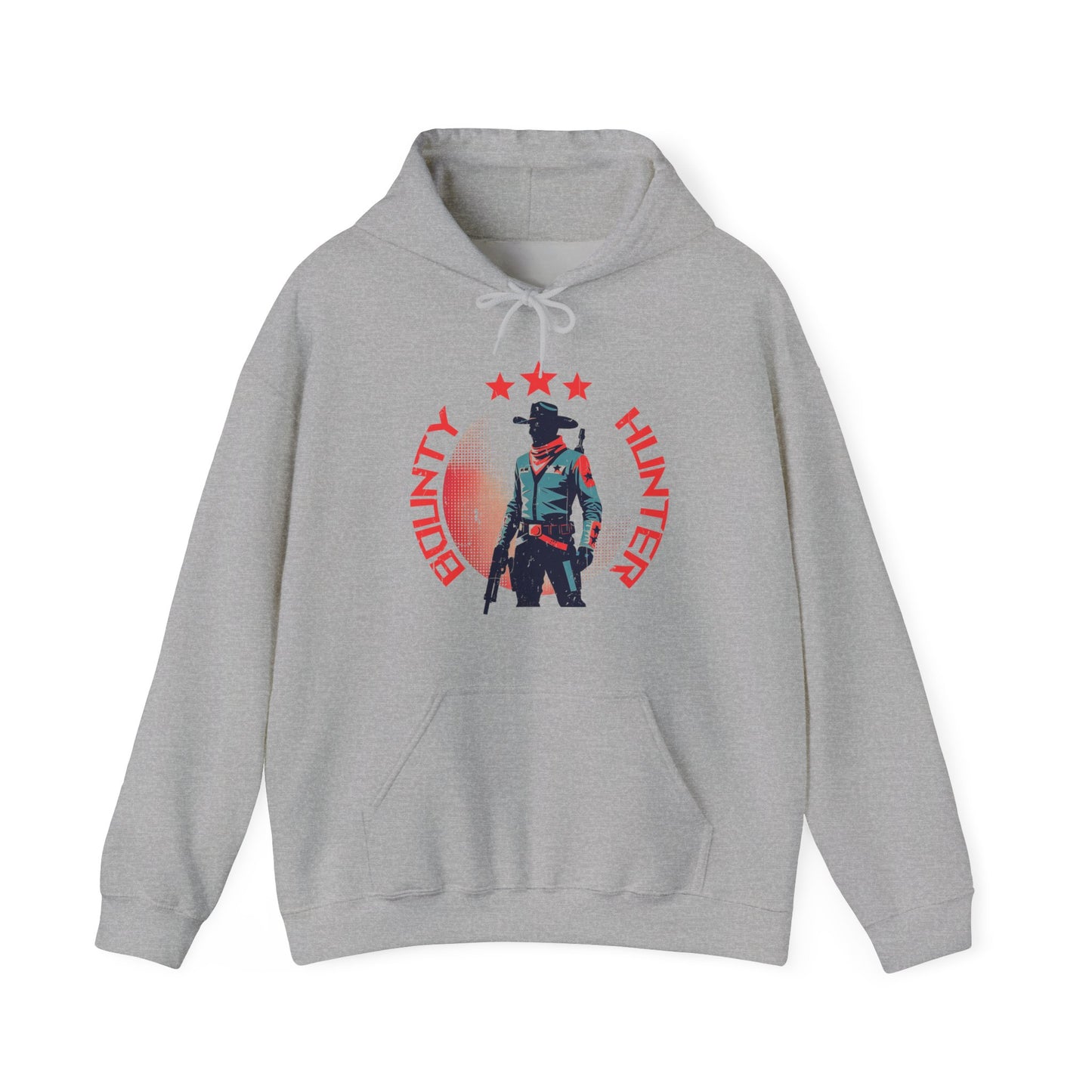 Bounty Hunter Sport Grey Hoodie with minimalist retro space cowboy and stars design BimBangDesign
