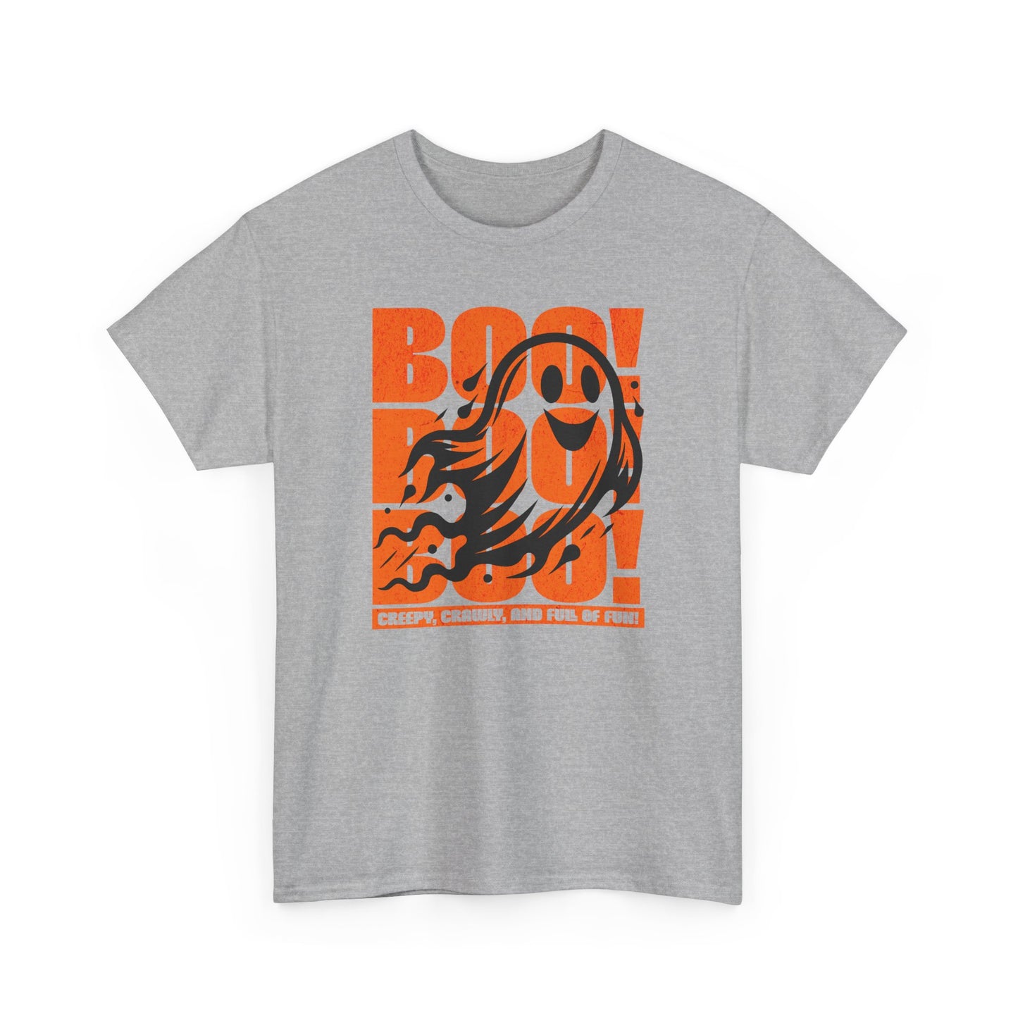 Sport Grey Playful ghost design with triple “Boo” text – fun Halloween unisex t-shirt by BimBangDesign.