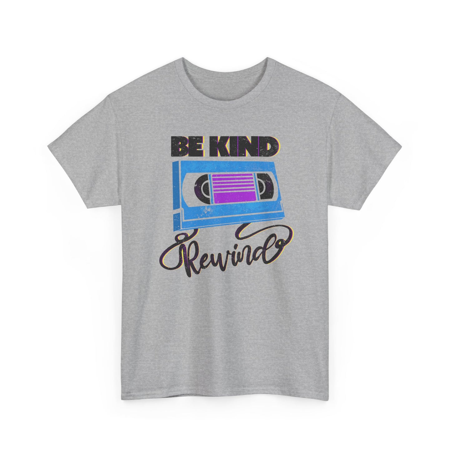Be Kind Rewind Sport Grey T-shirt, retro typographic style, VHS inspiration