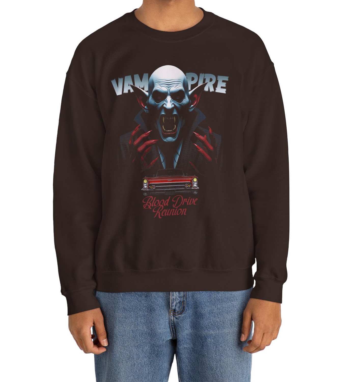 Dark Chocolate Blood Drive Reunion Sweatshirt worn by a retro horror movie poster Fans BimBangDesign