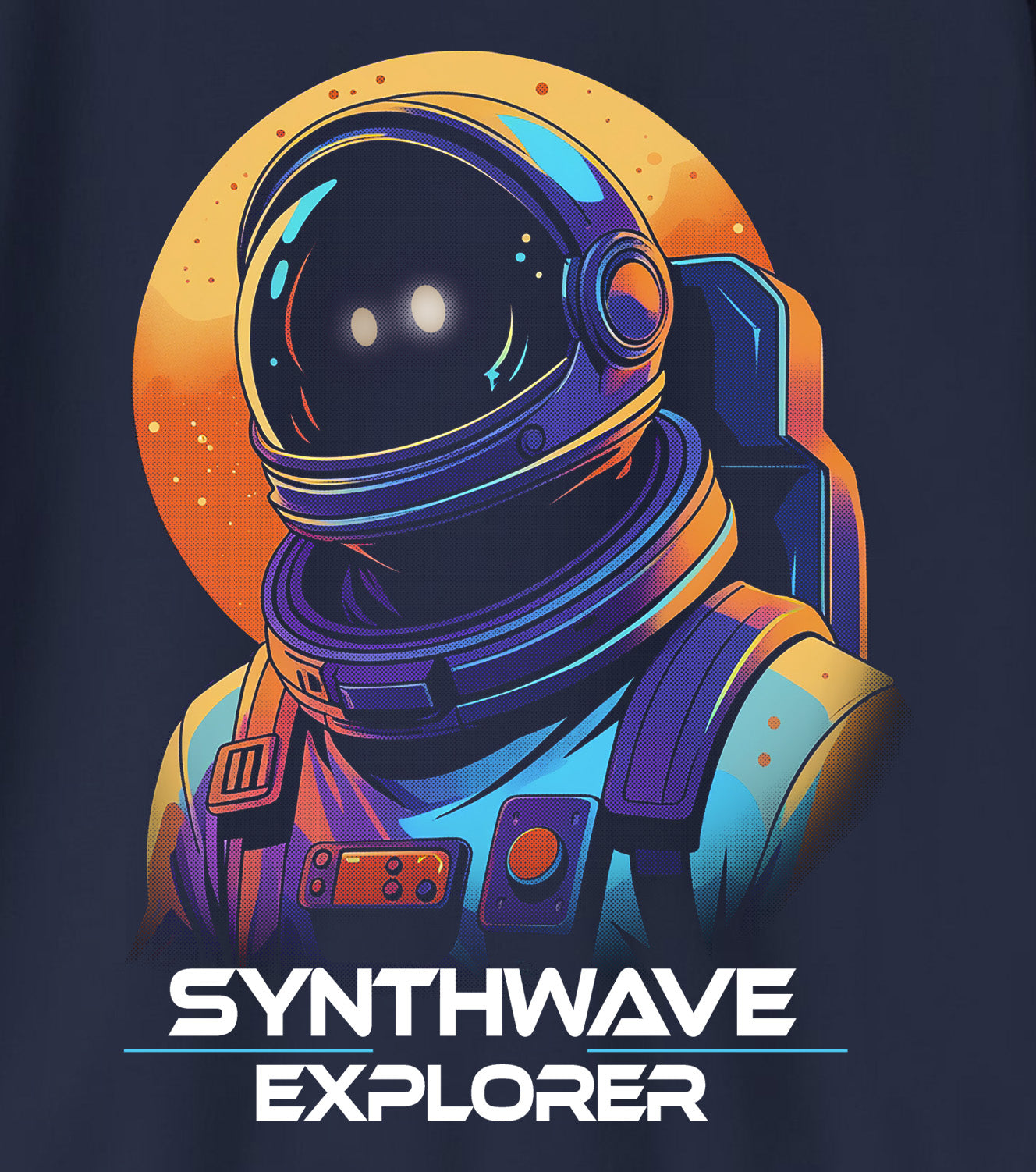 Synthwave Explorer print details on Gildan 18000B kids sweatshirt with sunset and space man design by BimBangDesign