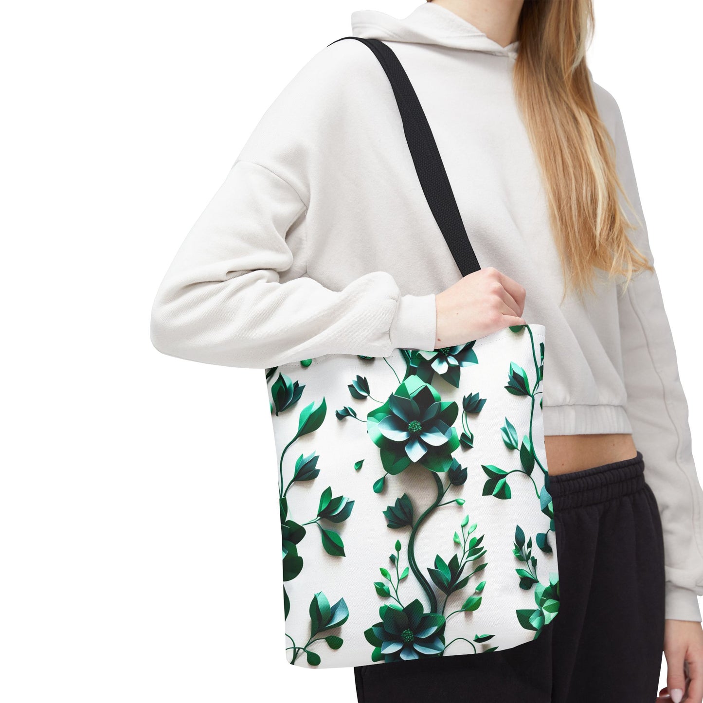 Reusable and Durable Graphic Nature's Elegance Low Poly Pattern Lightweight Tote Bag, used by an Eco-conscious Lady BimBangDesign