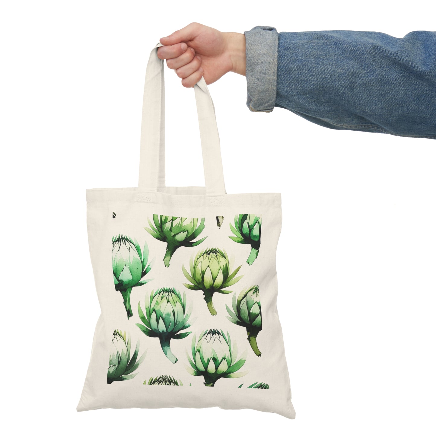 Reusable and Durable Artichoke Inspired Lightweight Tote Bag In the hand of an Eco-conscious holder BimBangDesign