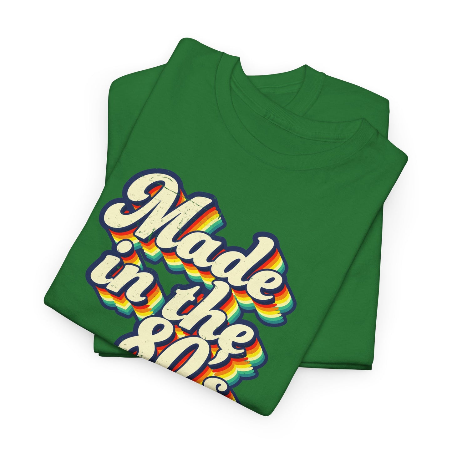 Made in the 80s vintage style T-shirt worn by an adult born in the 80's Turf Green Folded