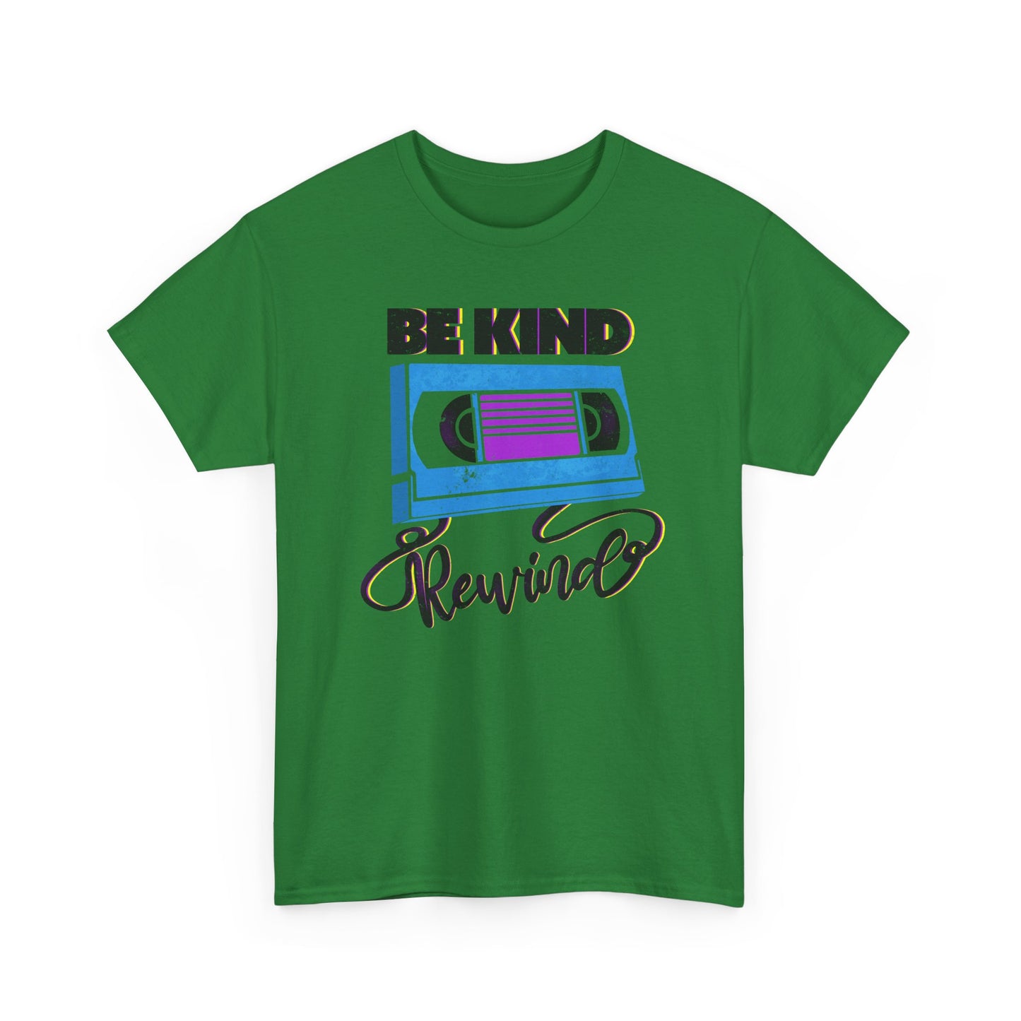 Be Kind Rewind Turf Green T-shirt, retro typographic style, VHS inspiration