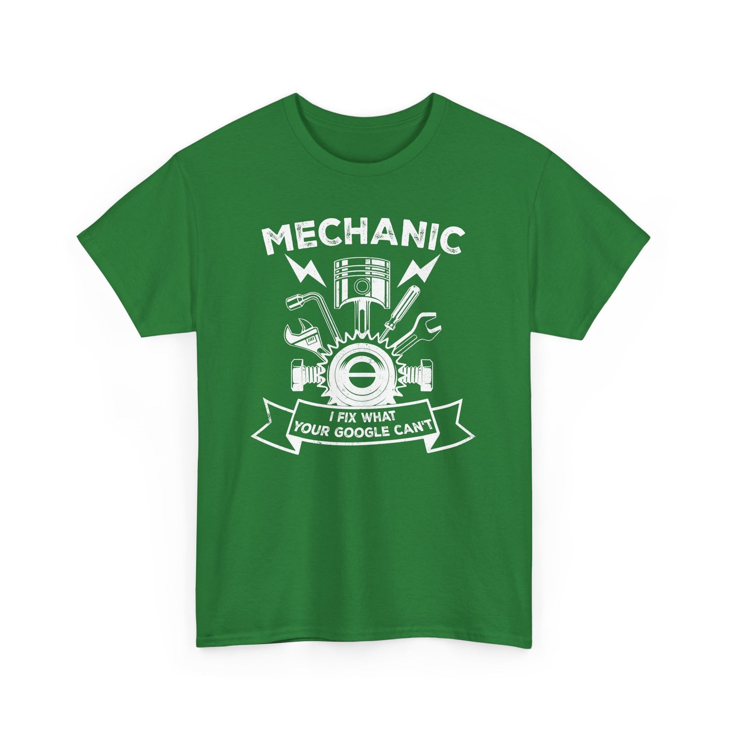 Turf Green Funny mechanic t-shirt with slogan I Fix What your Google Can't BimBangDesign