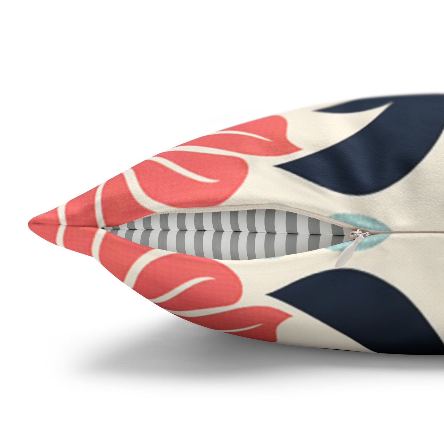 Decorative Pillowcase details, in coral pink, navy and pastel blue tones print of an elegant floral and feminin face, spring vibes for home decor accessories BimBangDesign