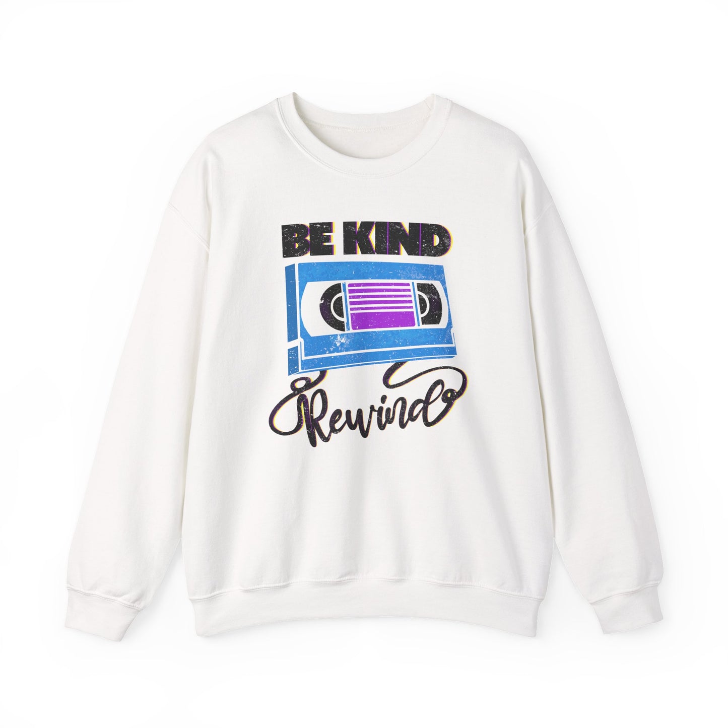 Be Kind Rewind White Sweatshirt, retro typographic style, VHS inspiration for vintage lovers BimBangDesign