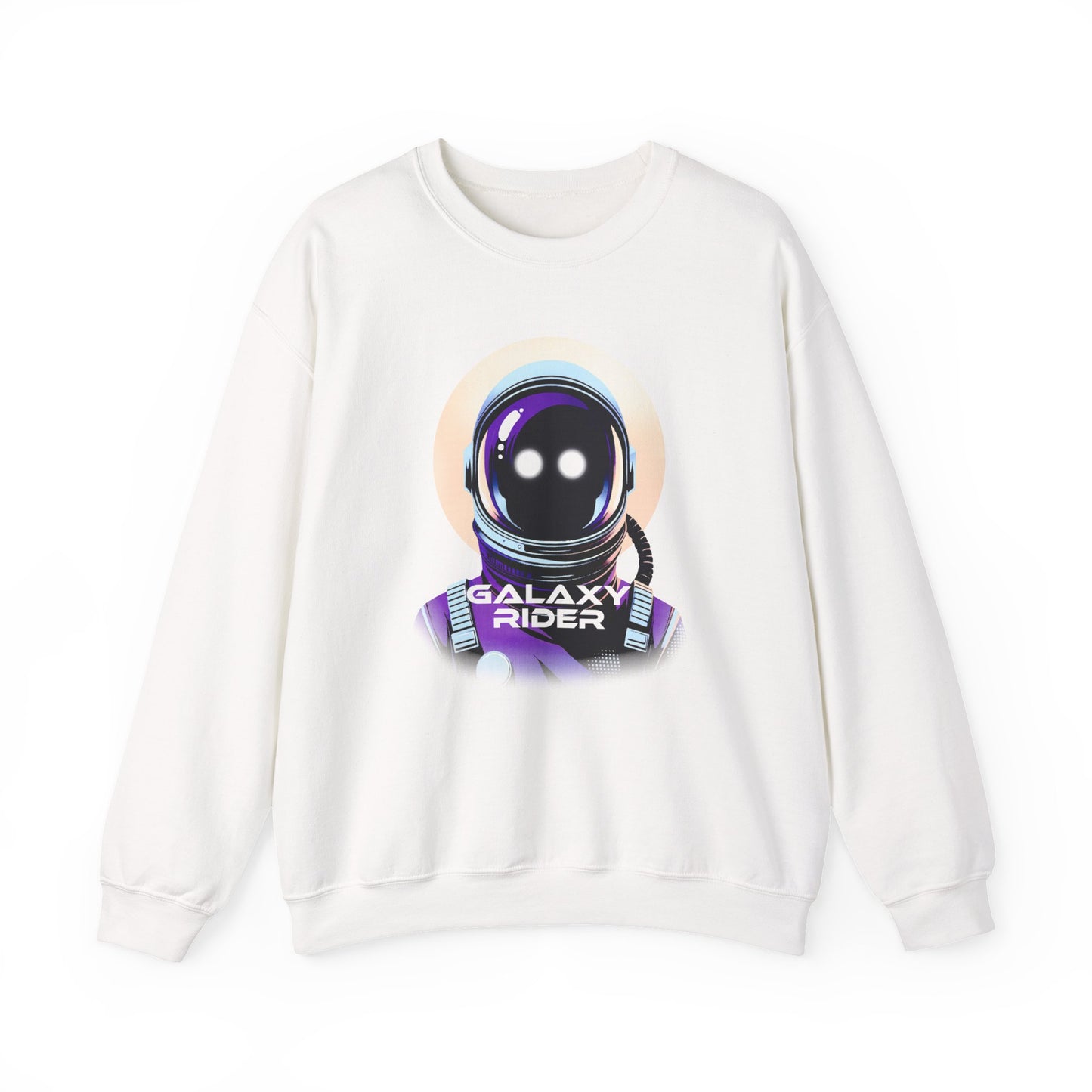 White Galaxy Rider Sweatshirt with a cosmic design for every space enthusiast BimBangDesign