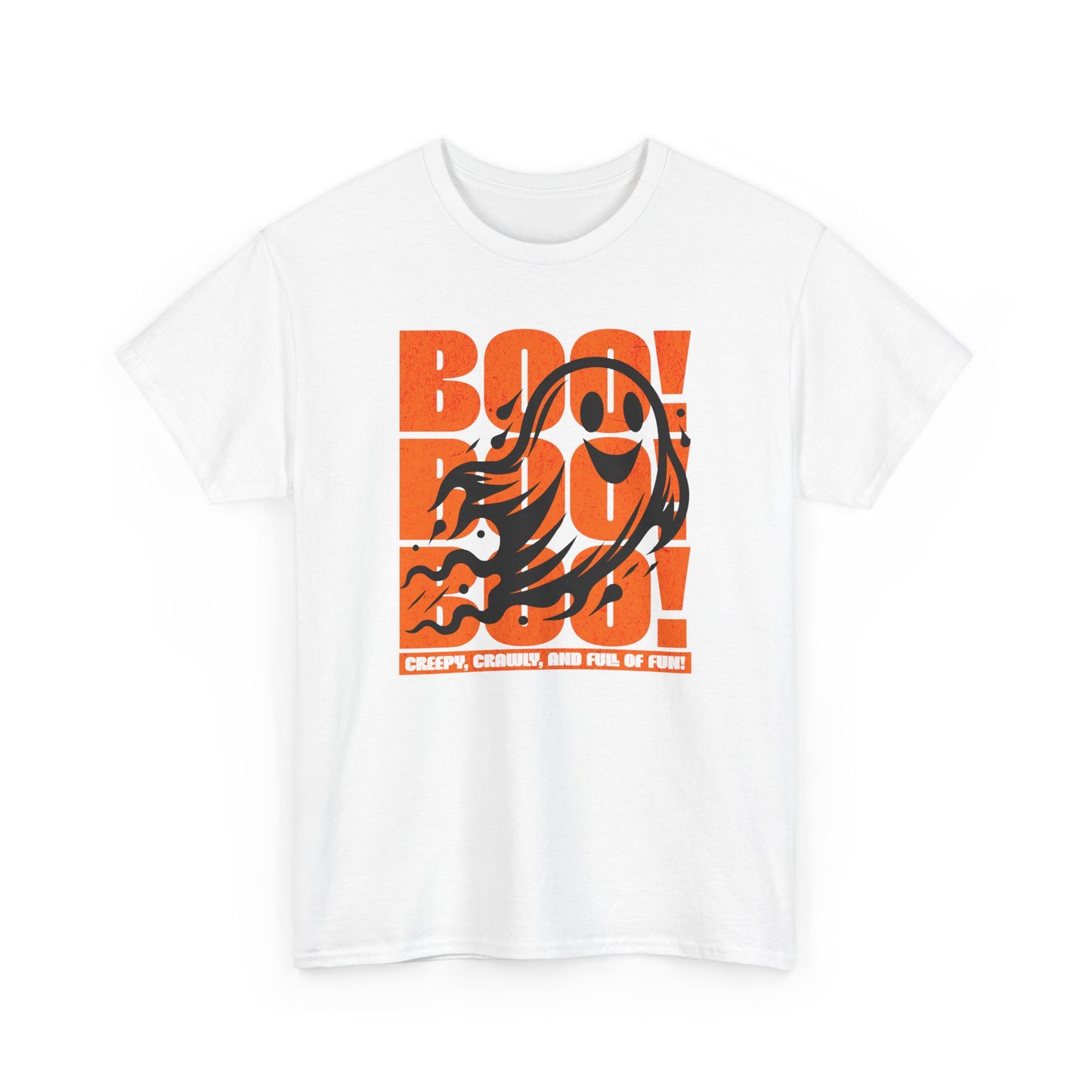 White Playful ghost design with triple “Boo” text – fun Halloween unisex t-shirt by BimBangDesign.