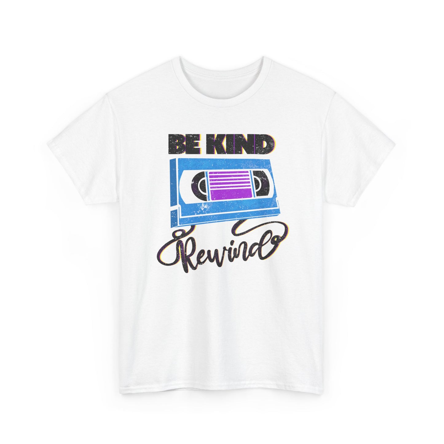 Be Kind Rewind White T-shirt, retro typographic style, VHS inspiration
