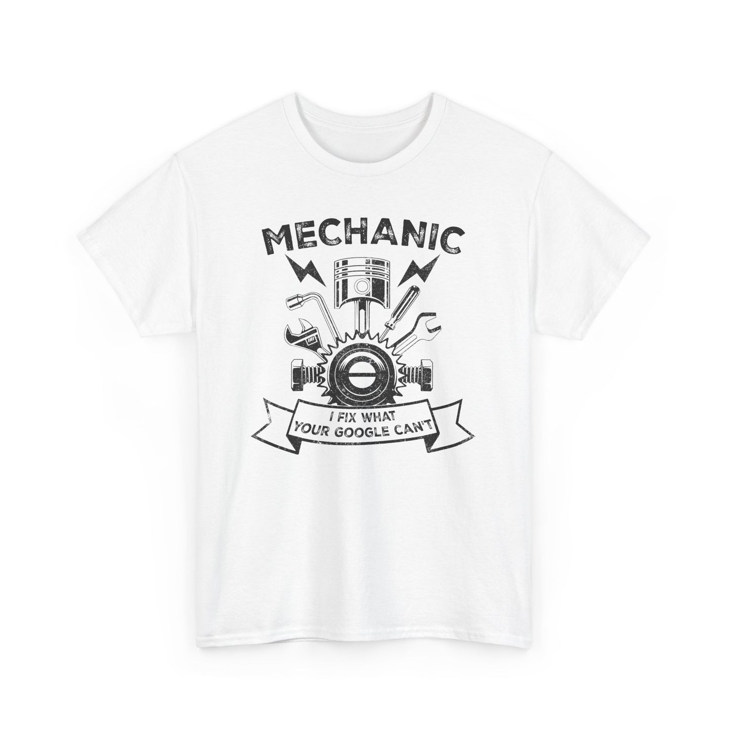 White Funny mechanic t-shirt with slogan I Fix What your Google Can't BimBangDesign
