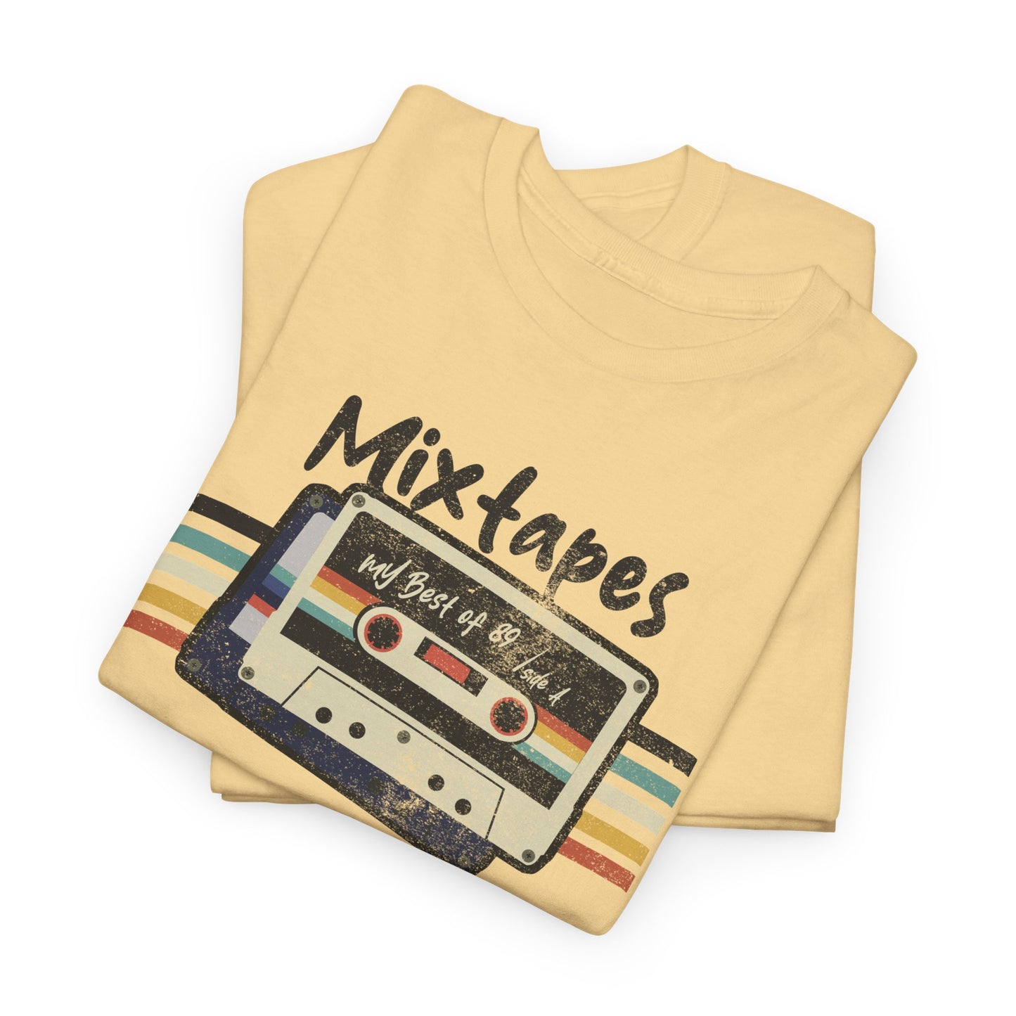 Yellow Haze Folded Mixtapes & Mood Swings T-shirt in vintage typography on a neutral background BimBangDesign
