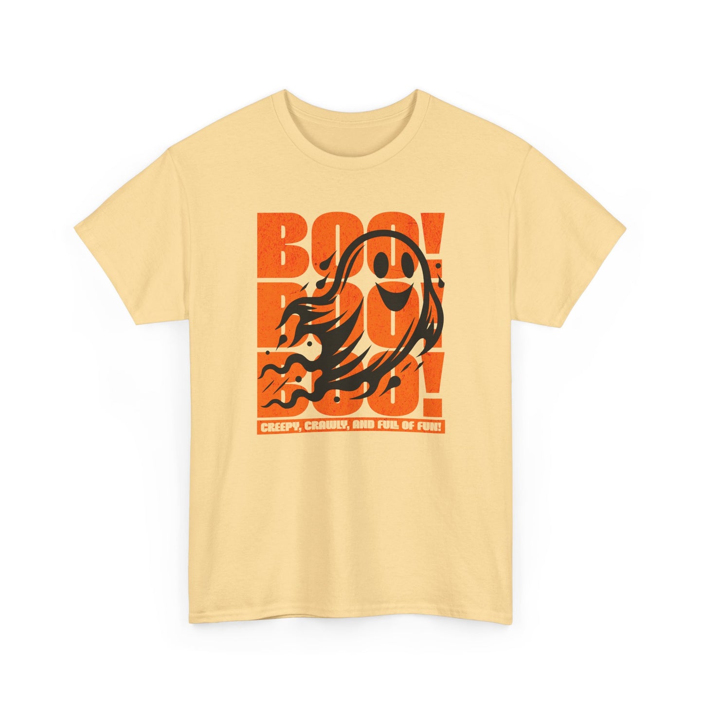 Yellow Haze Playful ghost design with triple “Boo” text – fun Halloween unisex t-shirt by BimBangDesign.