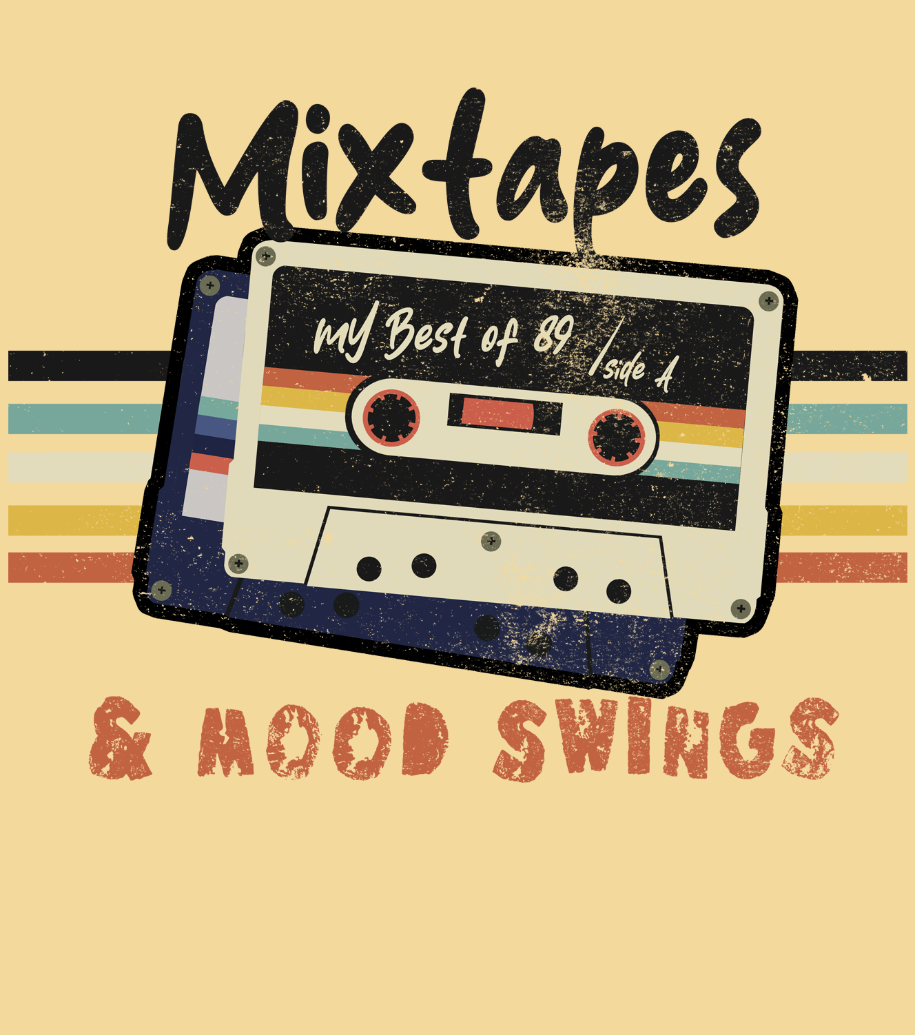 Mixtapes & Mood Swings Print Details in vintage typography on a Yellow Haze t-Shirt BimBangDesign