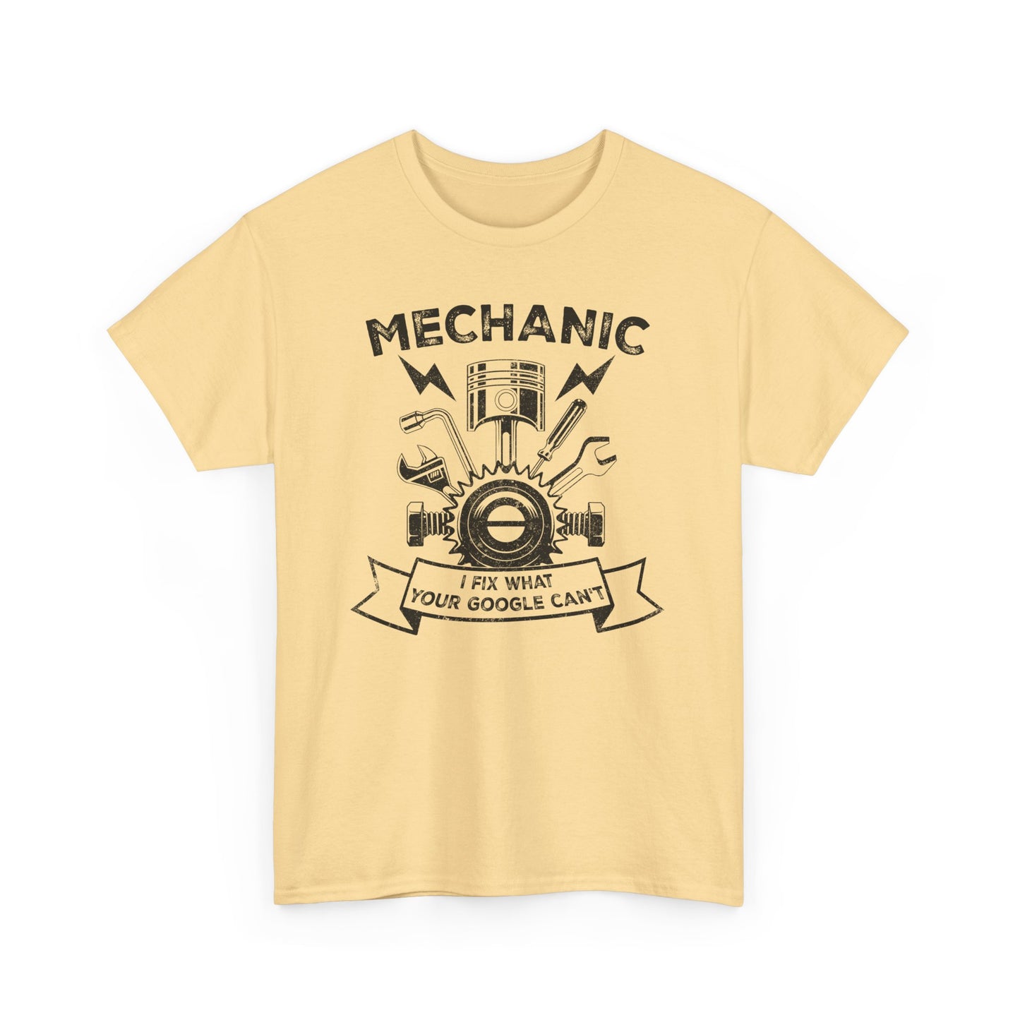Yellow Haze Funny mechanic t-shirt with slogan I Fix What Google Can't BimBangDesign