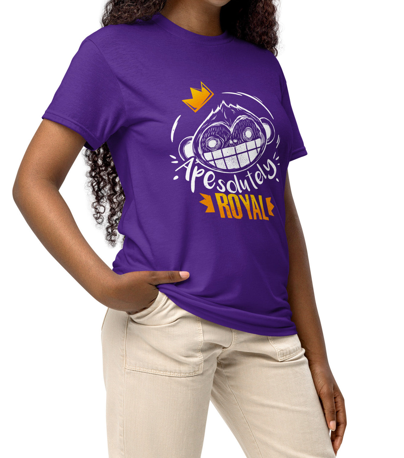 Purple ApeSolutely Royal T-shirt with crowned monkey head, cartoon and sketchy style print