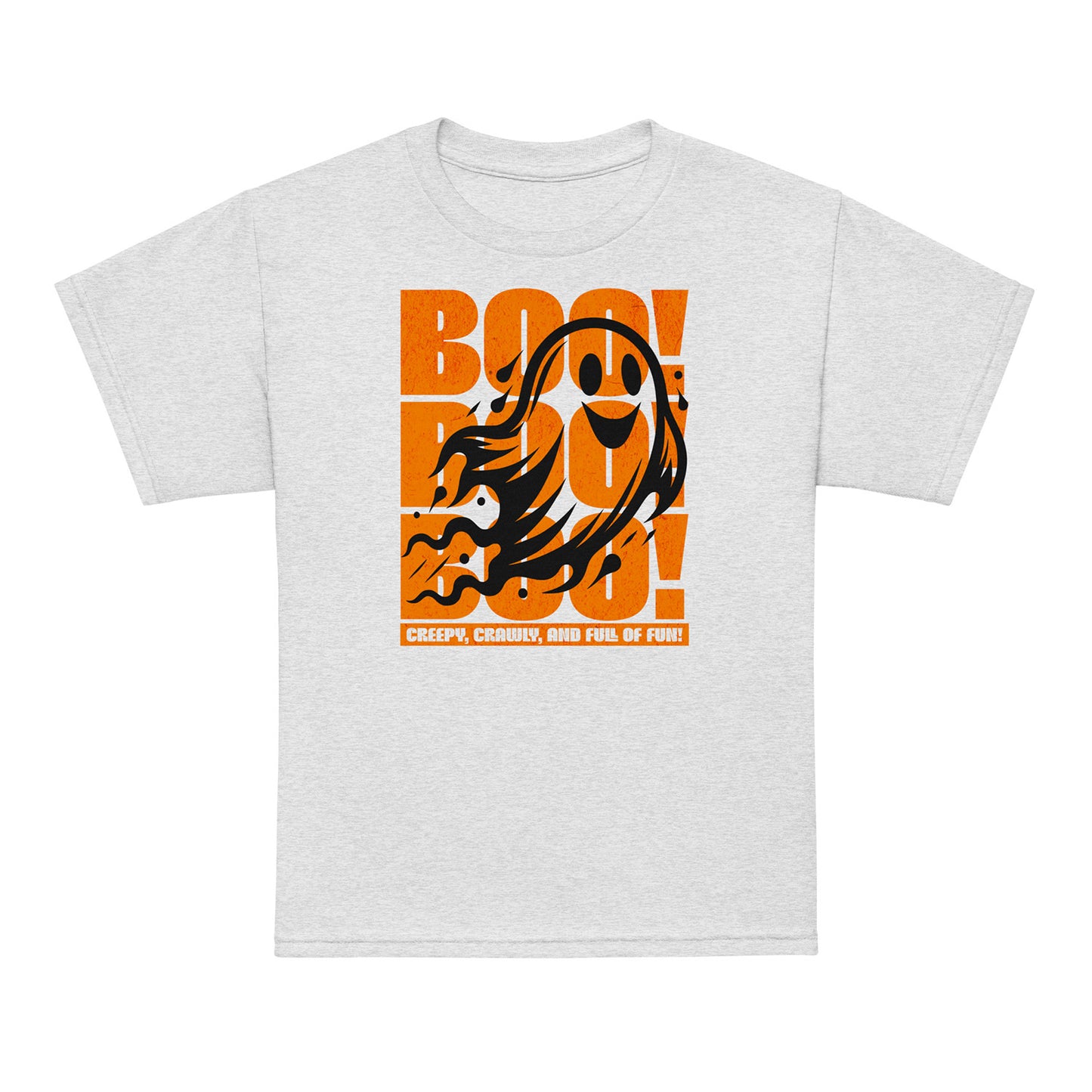 Ash Kids “Boo Boo Boo” Halloween t-shirt featuring a cute vintage ghost illustration — fun, comfy tee for trick-or-treating and everyday wear. BimBangDesign