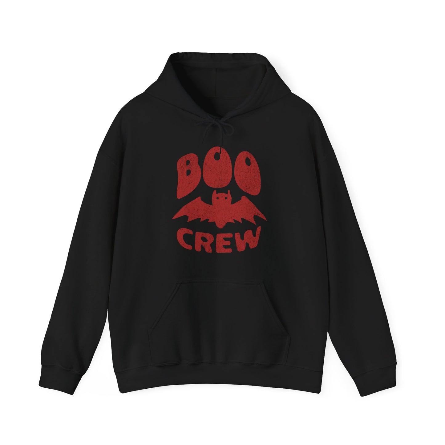 Black Boo Crew Halloween hoodie with cute bat illustration – cozy unisex fall pullover by BimBangDesign