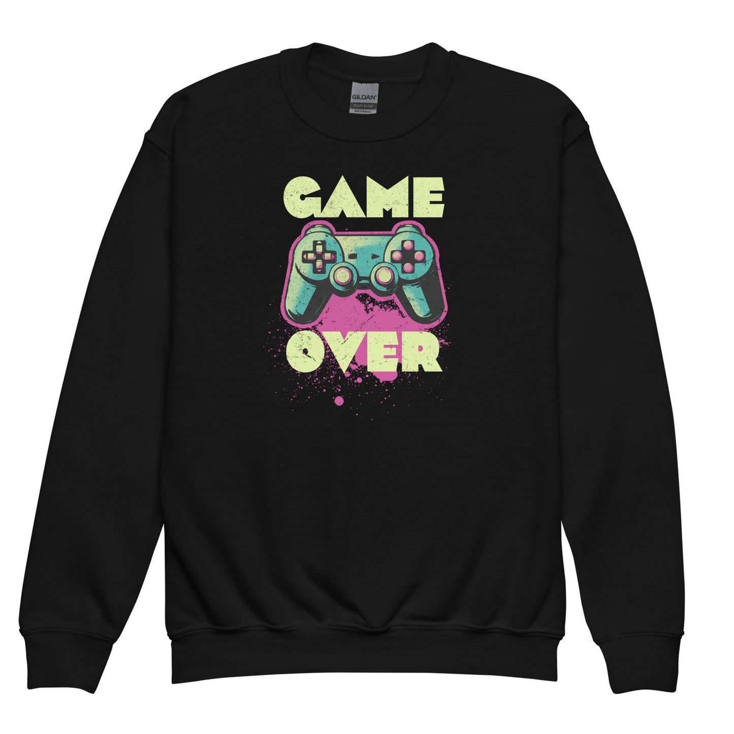 Black Kid wearing Game Over of Gildan 18000B sweatshirt – retro gaming design by BimBangDesign