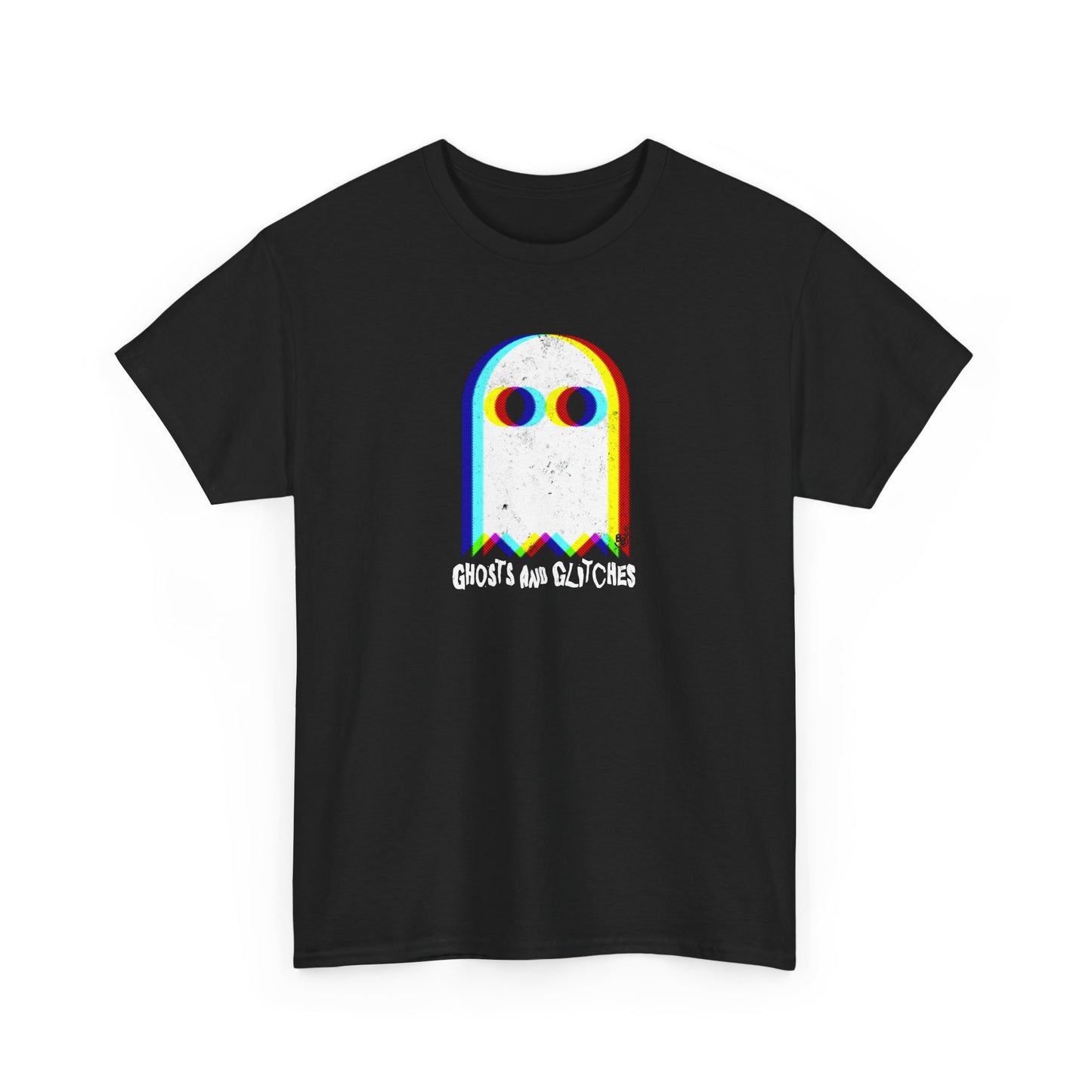 Black Unisex “Ghosts and Glitches” t-shirt featuring pixel ghosts and retro video game design — Halloween gamer tee for fun, casual wear.