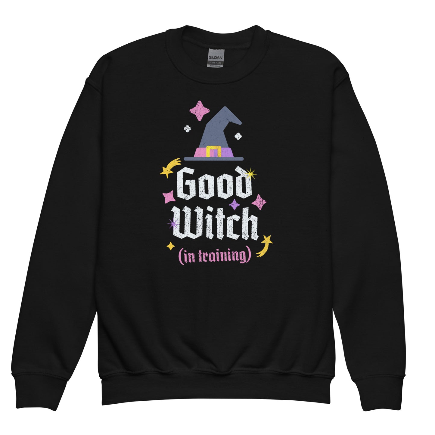 Black Good Witch in Training kids sweatshirt – cool witchy design with stars and sparkles BimBangDesign