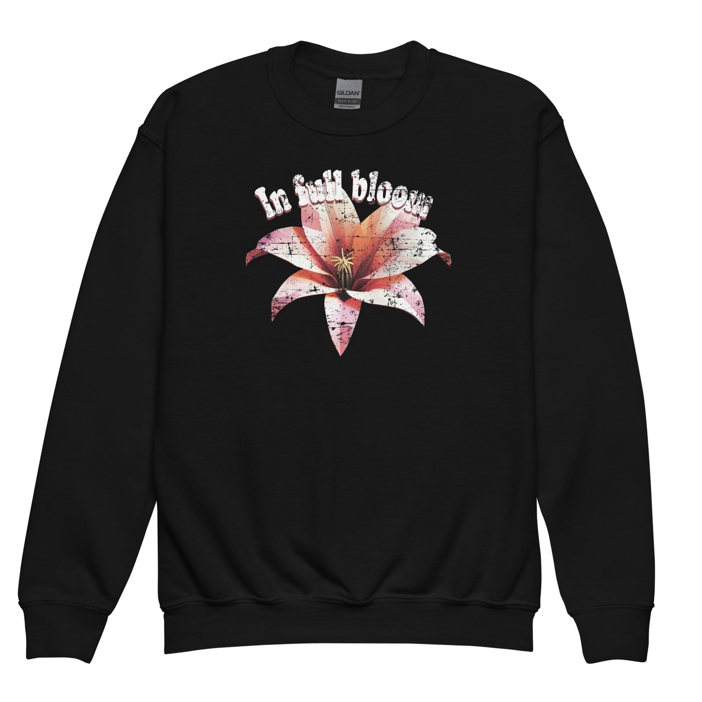 Black In Full Bloom Gildan 18000B kids sweatshirt details – colorful floral positive vibes design by BimBangDesign