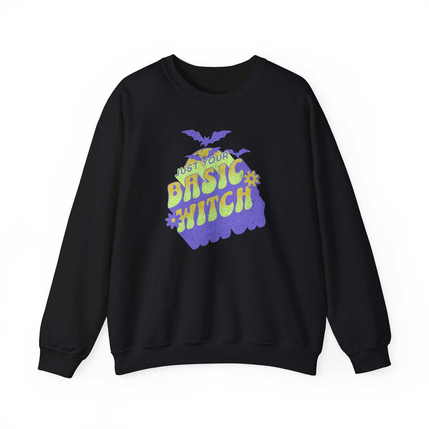 Black Unisex “Just Your Basic Witch” Halloween sweatshirt with witchy print — cozy fall fashion with playful attitude.