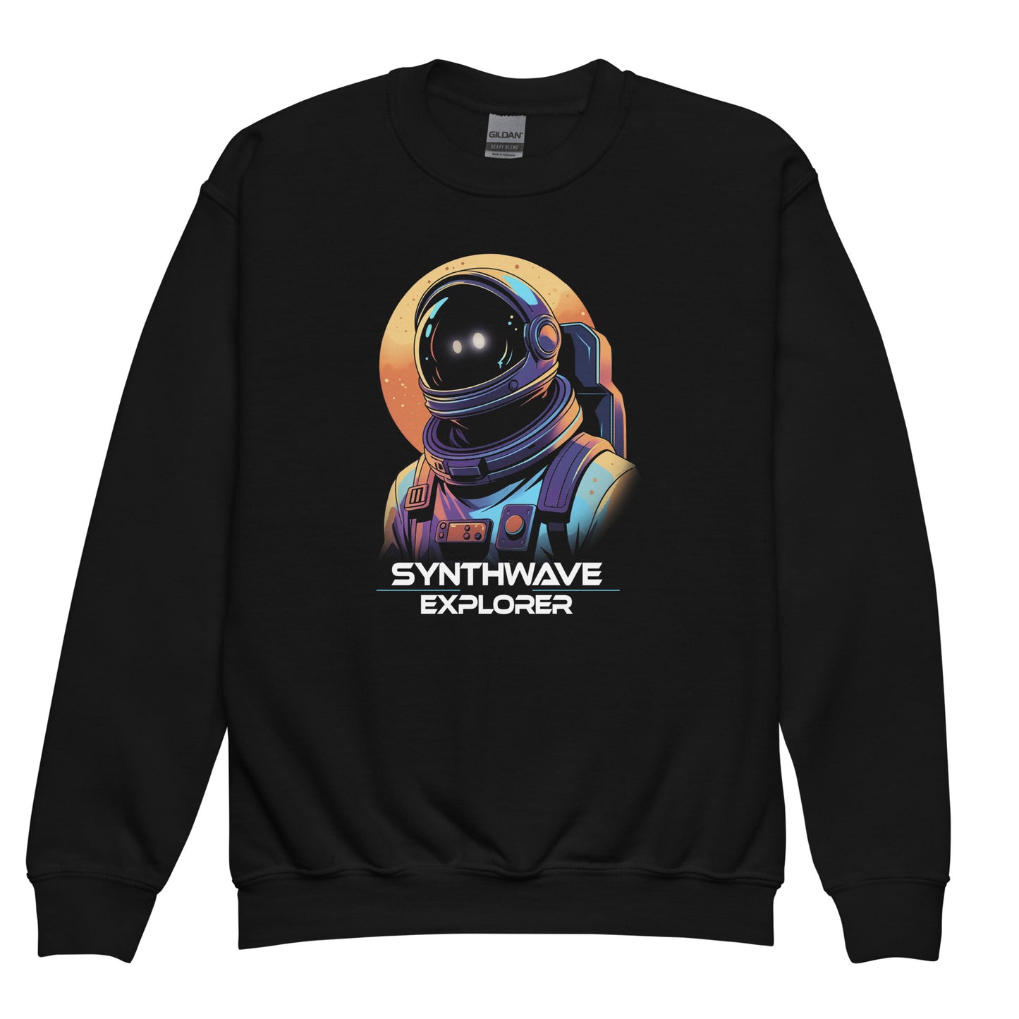Synthwave Explorer print on a Black Gildan 18000B kids sweatshirt with sunset and space man design by BimBangDesign